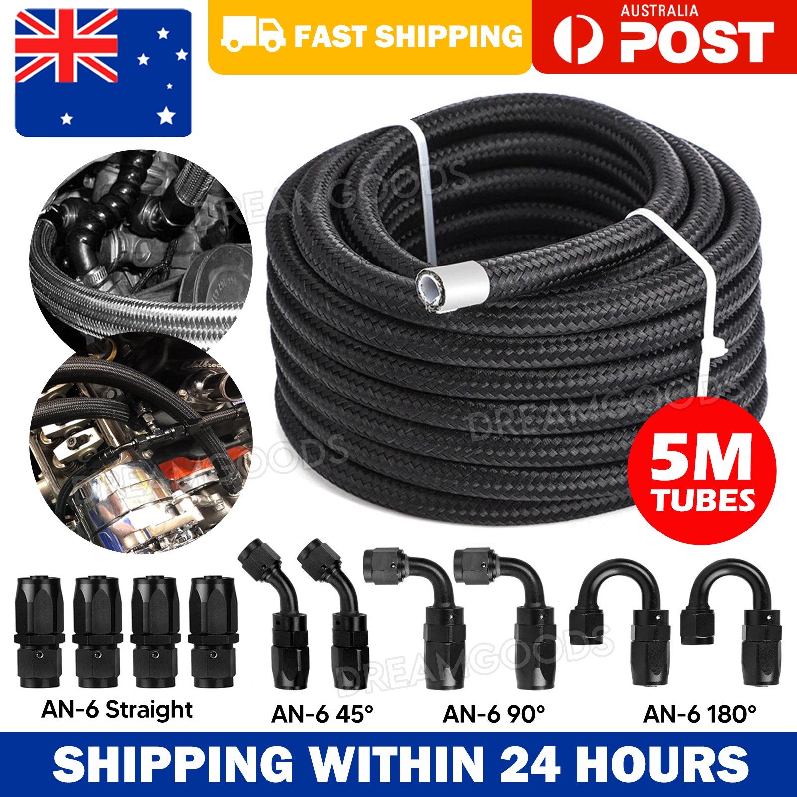 AN6-6AN Nylon Braided Fuel Oil Hose Kit 5 Meters Reusable Swivel Fitting Black