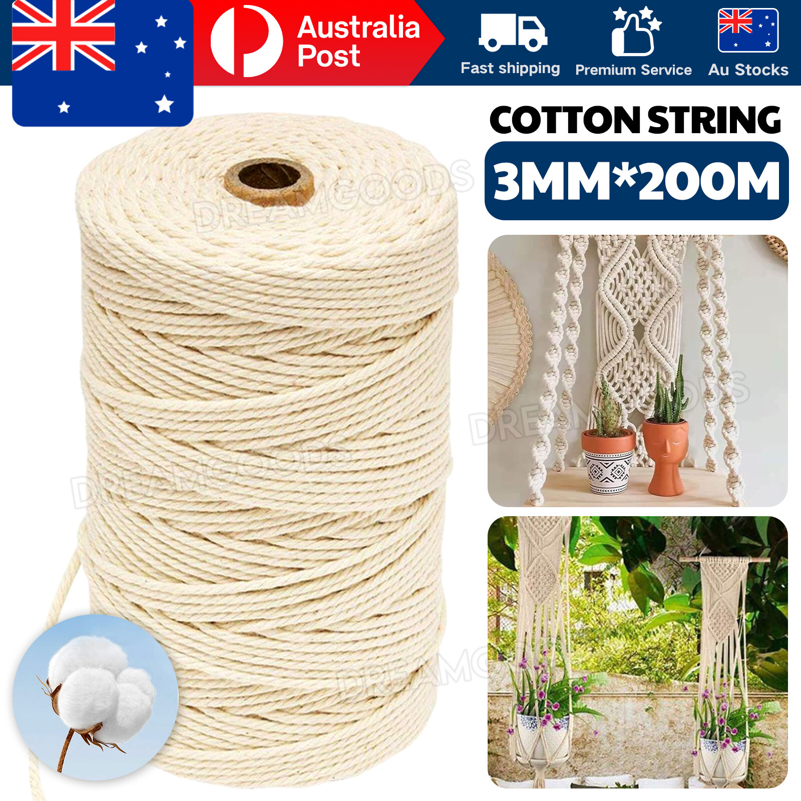 200M 3mm Natural Cotton Twisted Cord Macrame Rope Beige Tapestry Wall Hangings