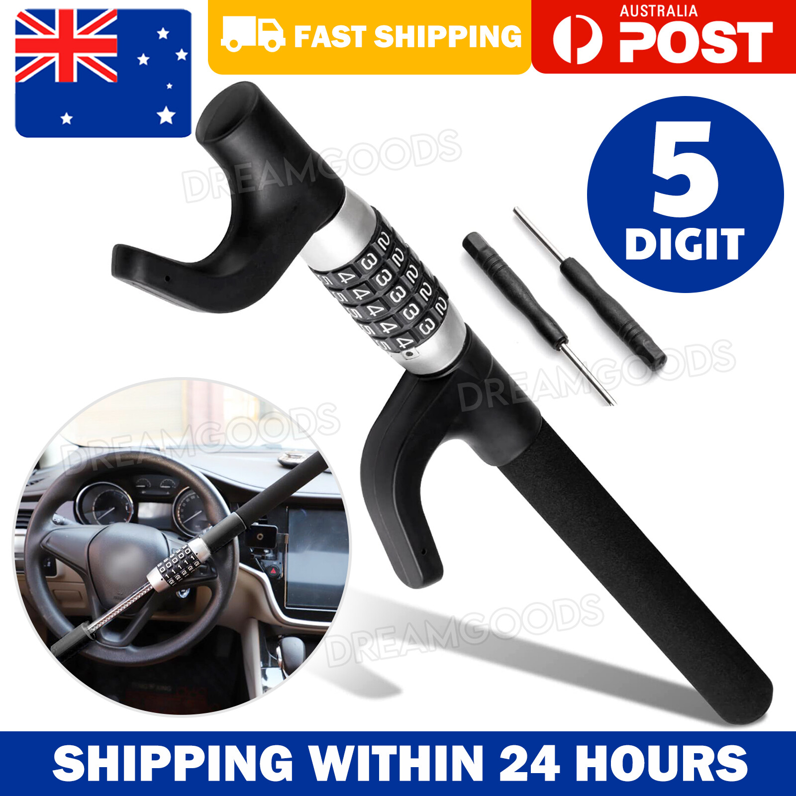 Universal Car Steering Wheel Lock Keyless Anti Theft Heavy Duty Steel Black