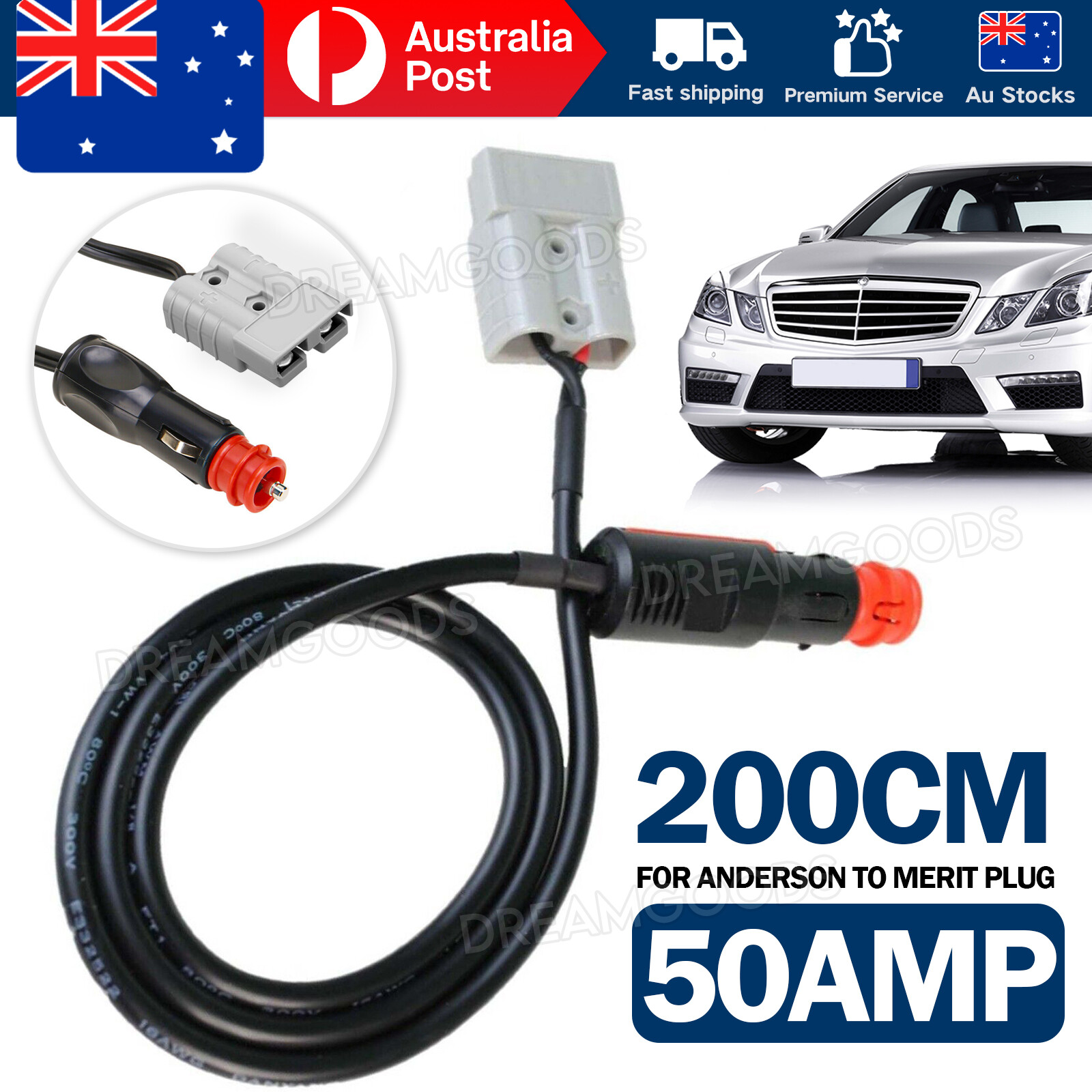 50 Amp Anderson to Merit Cigarette Plug Adapter 200cm Cable Removable Shunt 24v