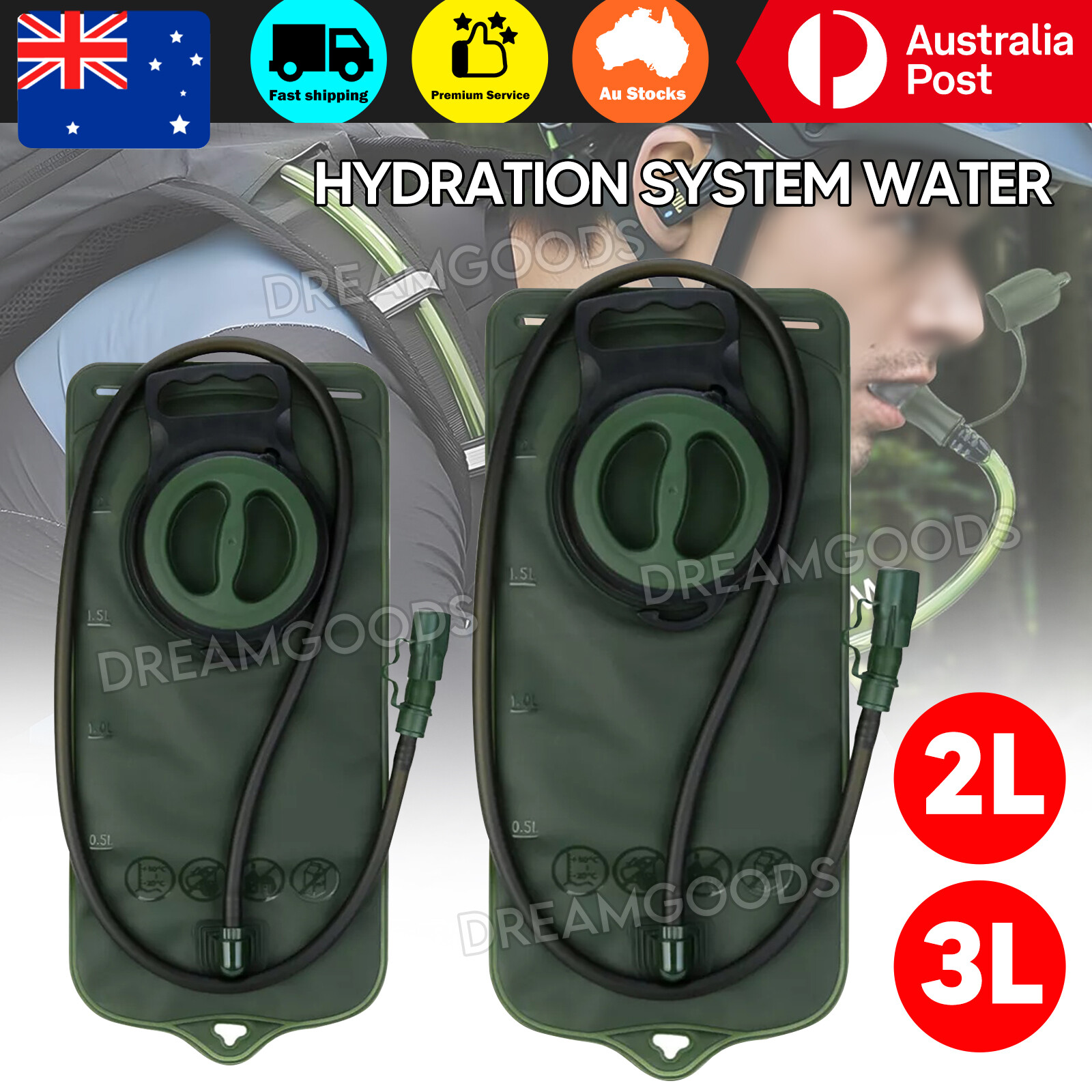 Hydration Water Bladder Bag TPU 2L Green Camping Hiking Cycling Backpack Valve