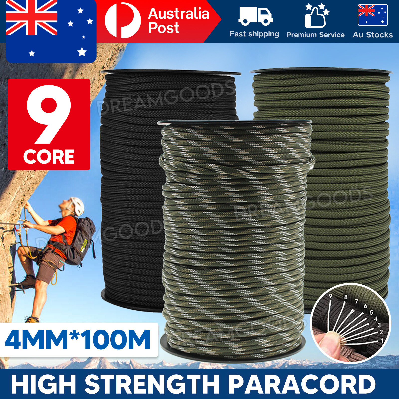 9 Strand Core Rope-100M 550 Paracord Parachute Cord 4MM Black Lanyard Polyester