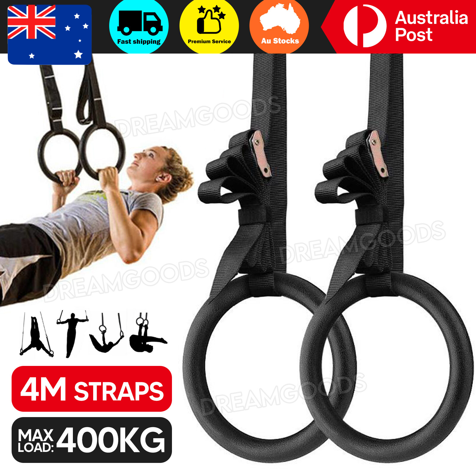 Gymnastic Rings Pair ABS plastic Black Fitness Home nylon straps steel buckle