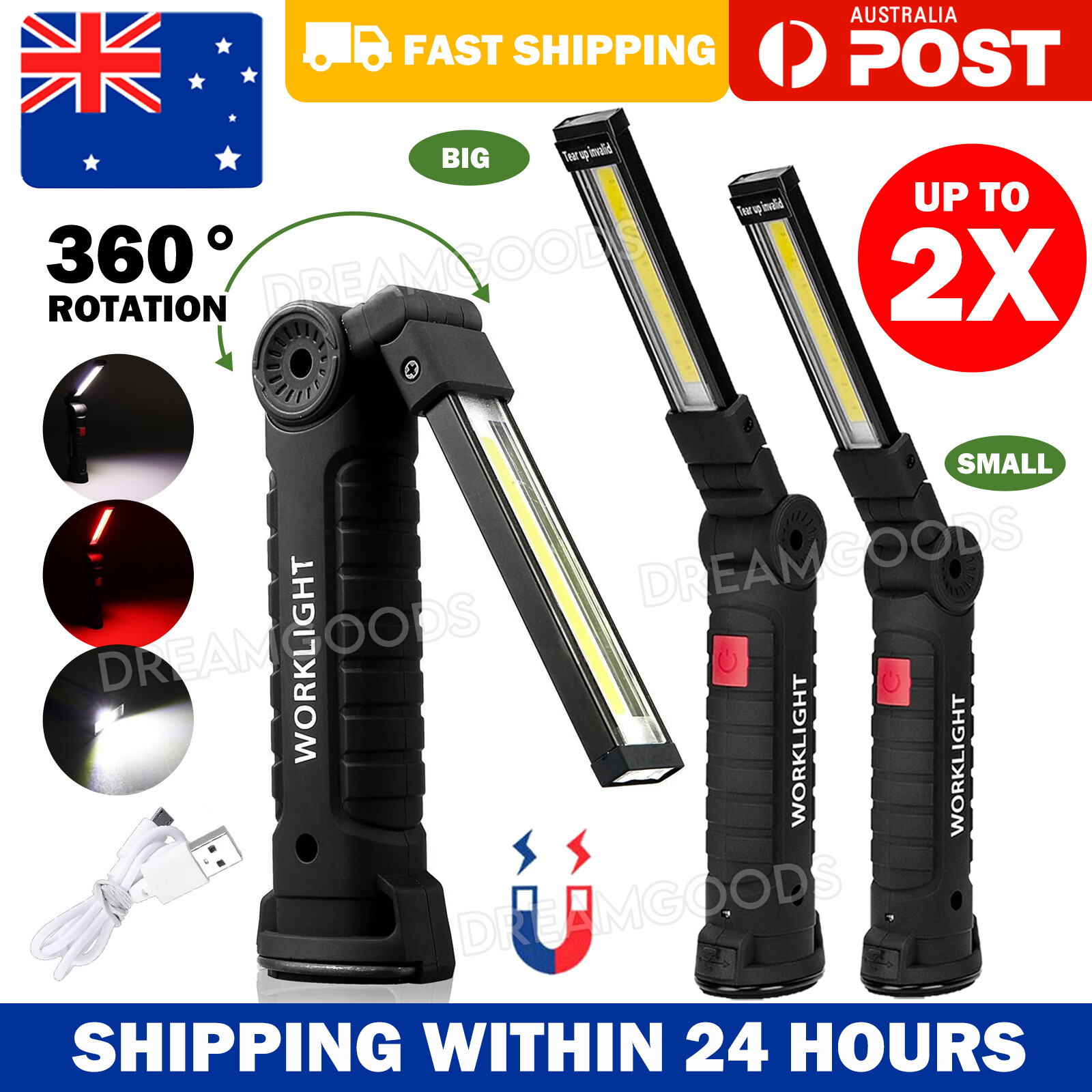 Portable COB LED Work Light USB Rechargeable Torch Lamp Car Garage magnet hook