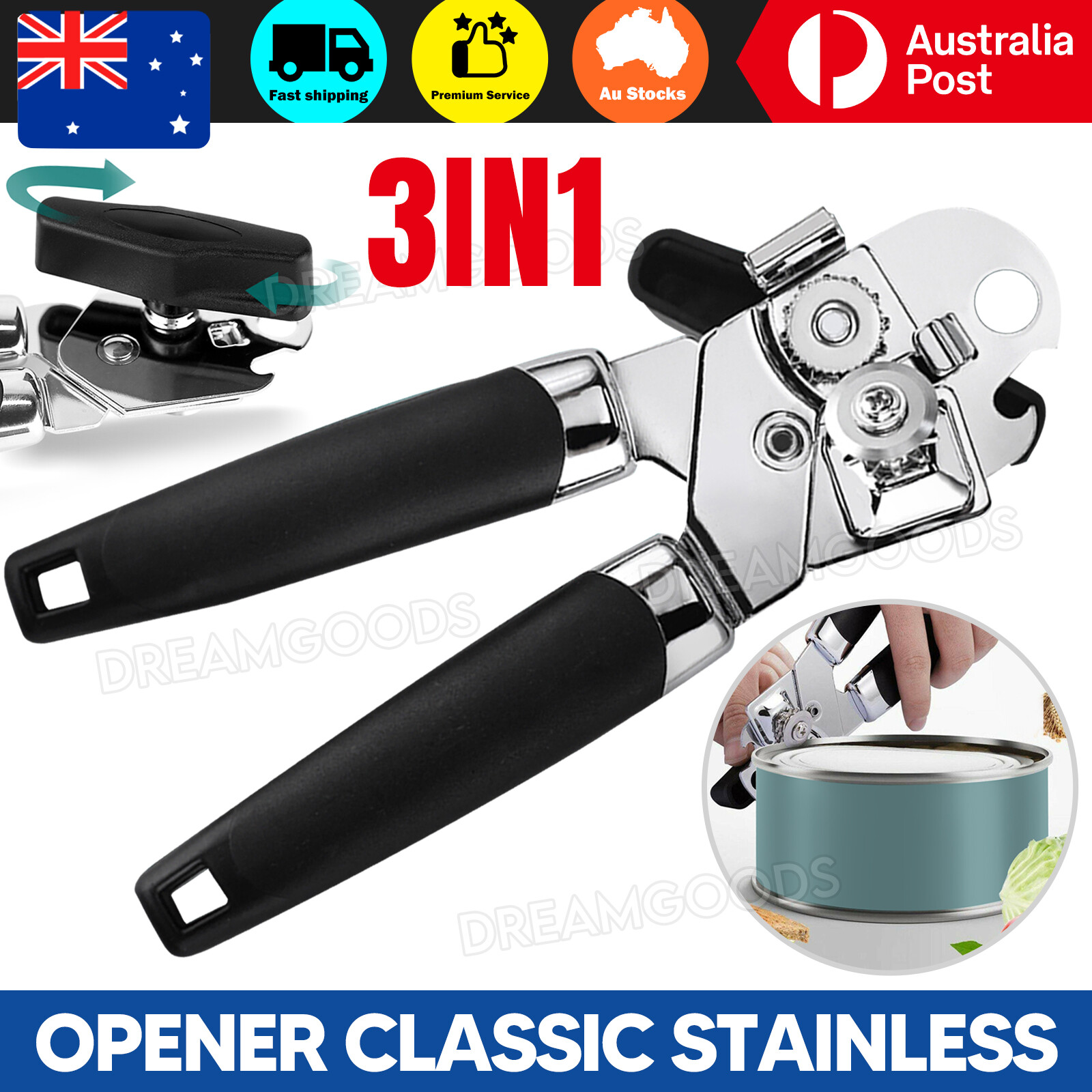 3-in-1 Can & Bottle Opener Stainless Steel Manual Lid Lifter Black Heavy Duty