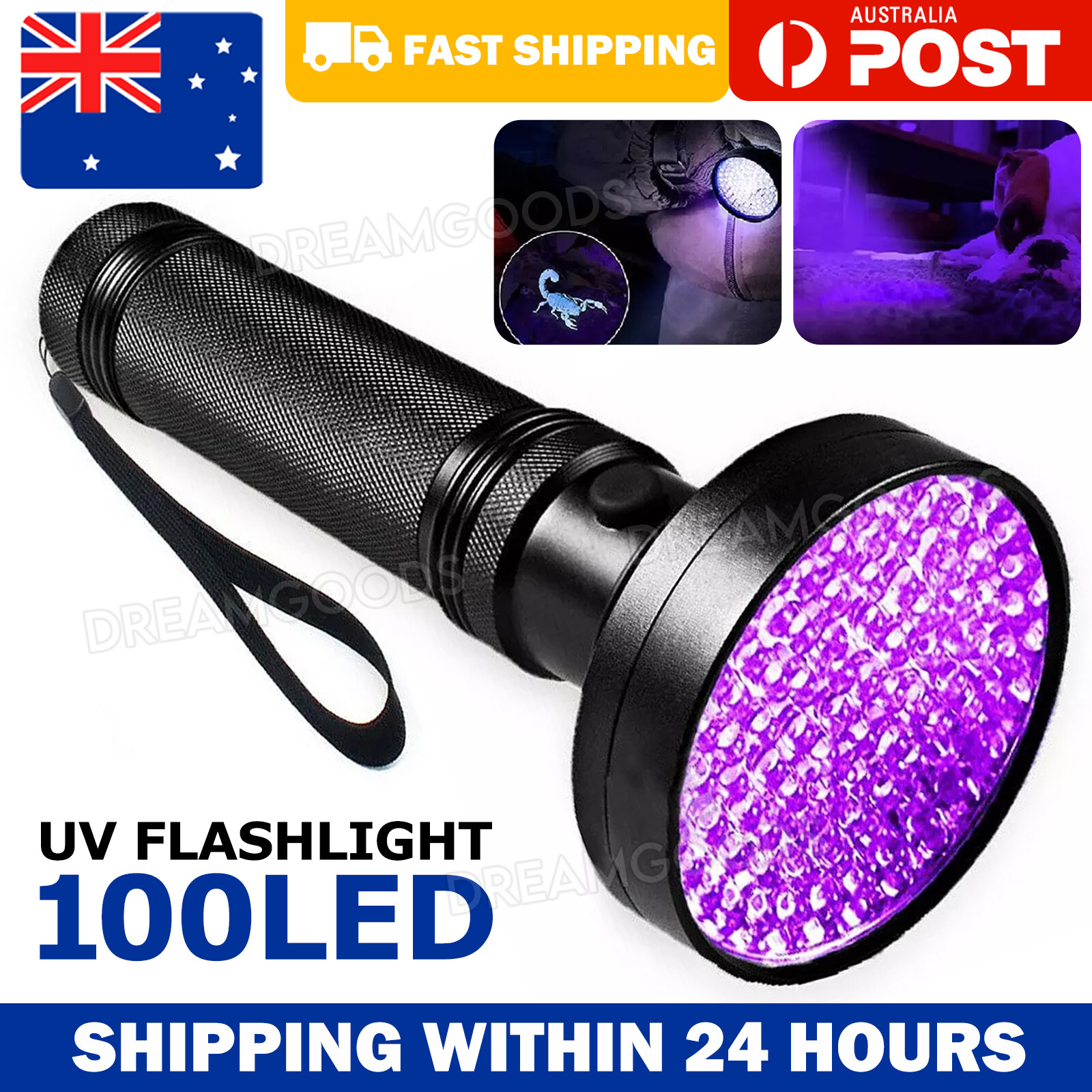 100 LED UV Blacklight Torch 395nm Ultraviolet Flashlight 6xAA Battery Black