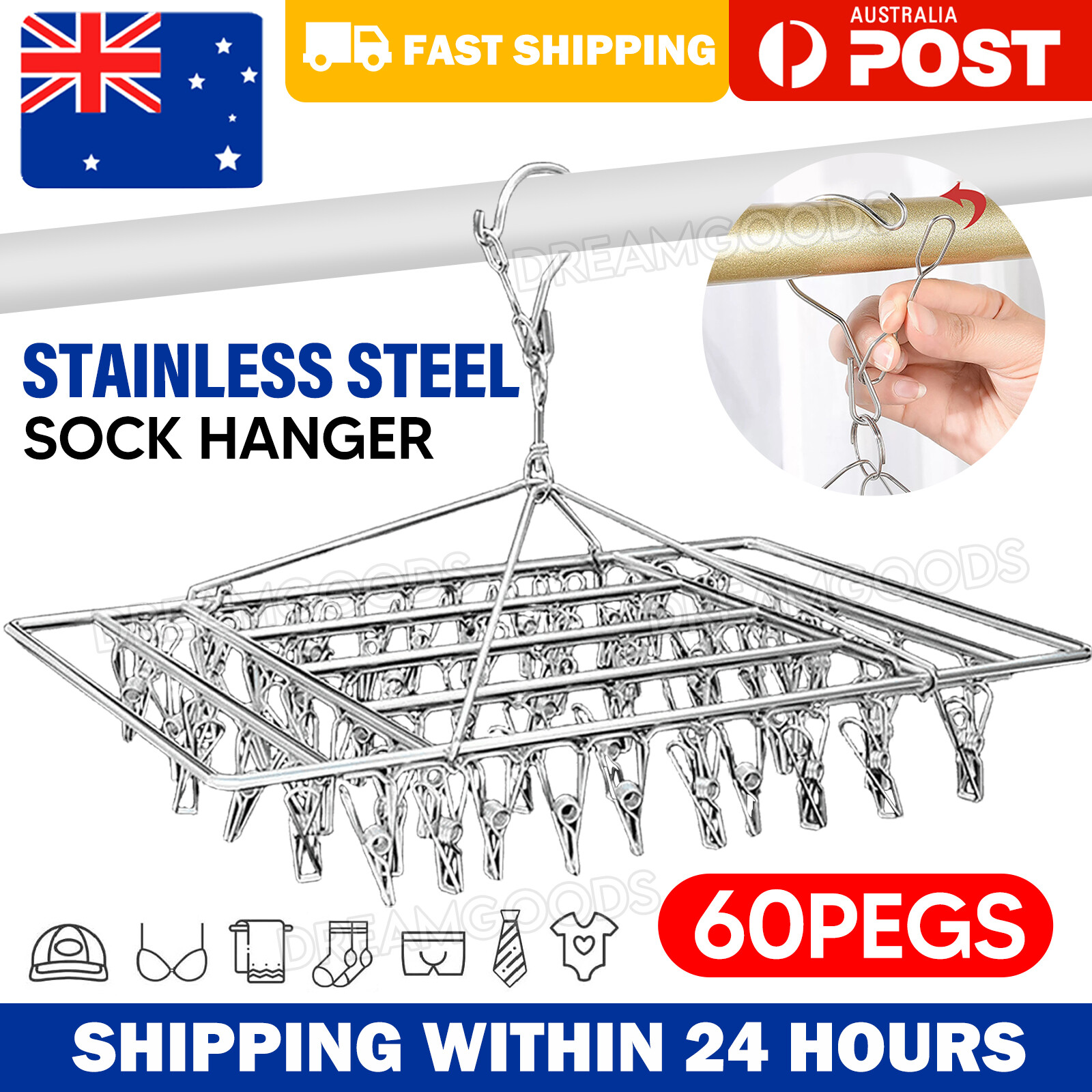 60 Pegs Stainless Steel Laundry Hanger Silver Sock Underwear Dryer Rack 41.8cm