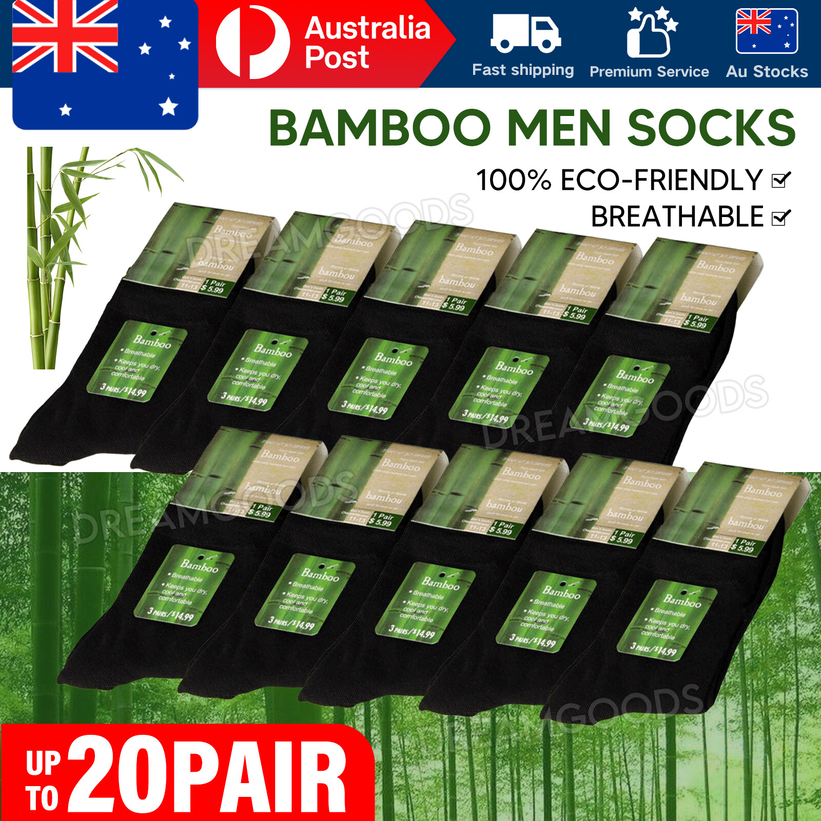 20 Pairs Mens Bamboo Fibre Socks Odor Resistant Black AU 6-10 Workwear Hiking