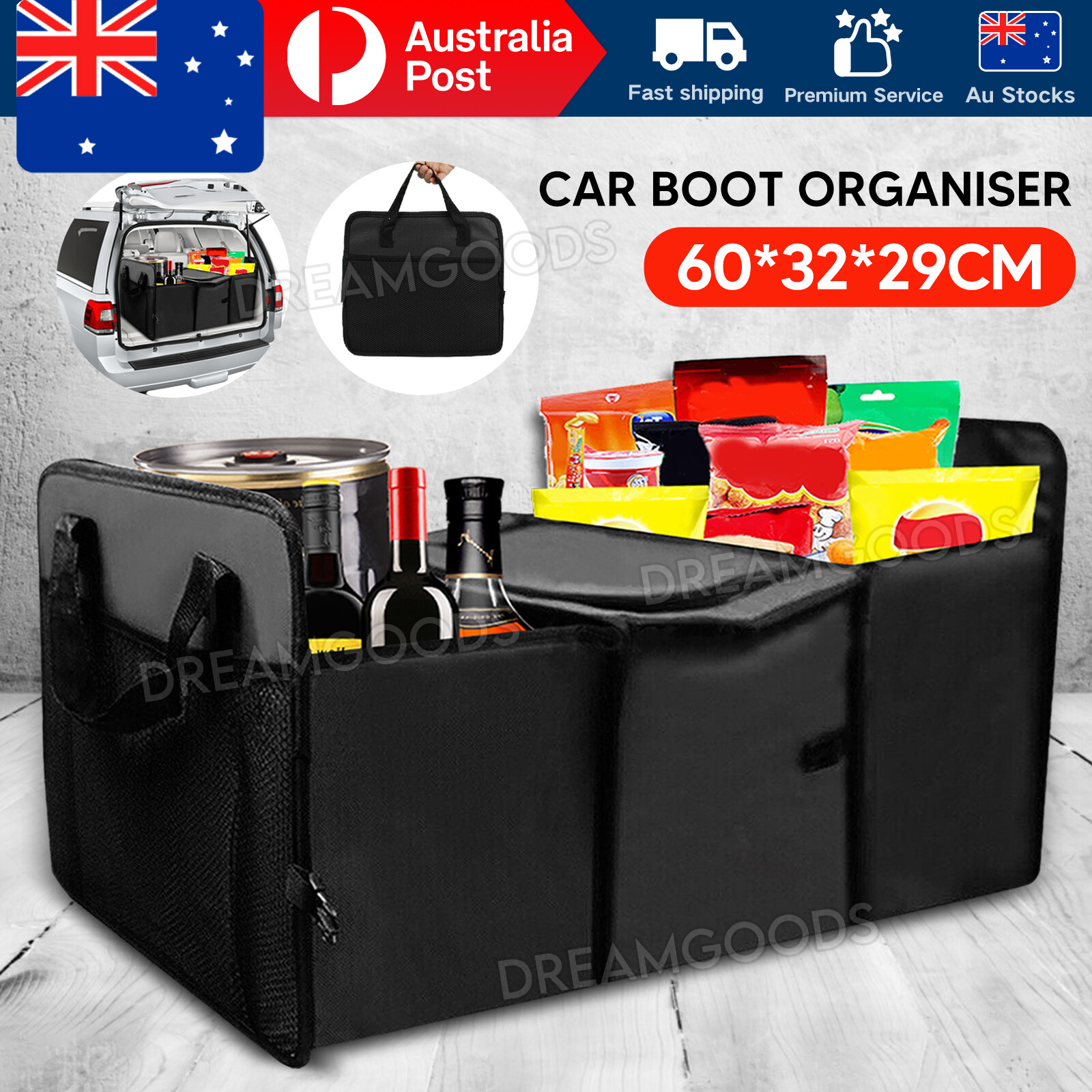 Car Boot Organiser Collapsible Storage Box Black OXFORD Fabric 60cm 32cm 29
