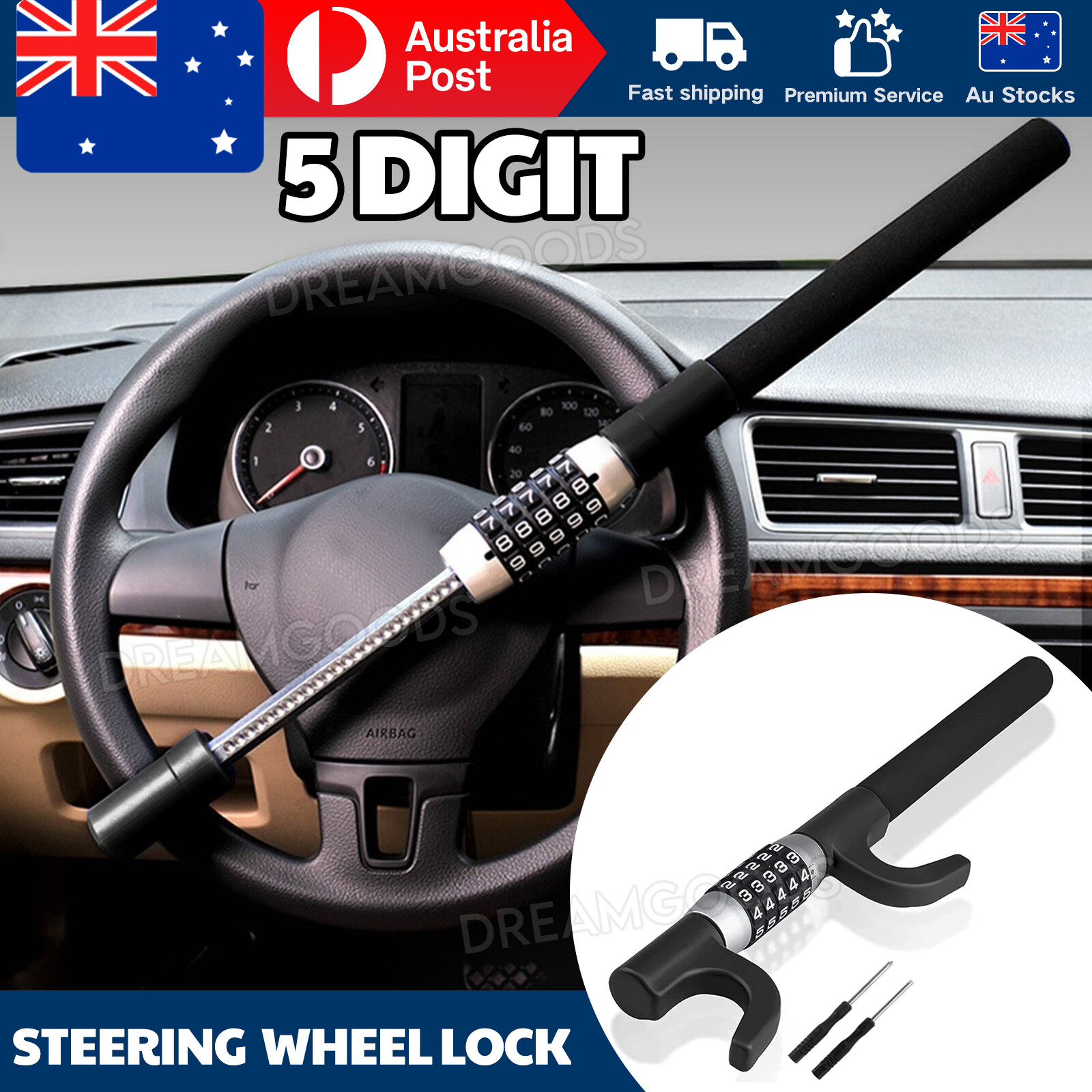 Car Steering Wheel Lock Keyless 5 Coded Combination Anti Theft Black Steel ABS