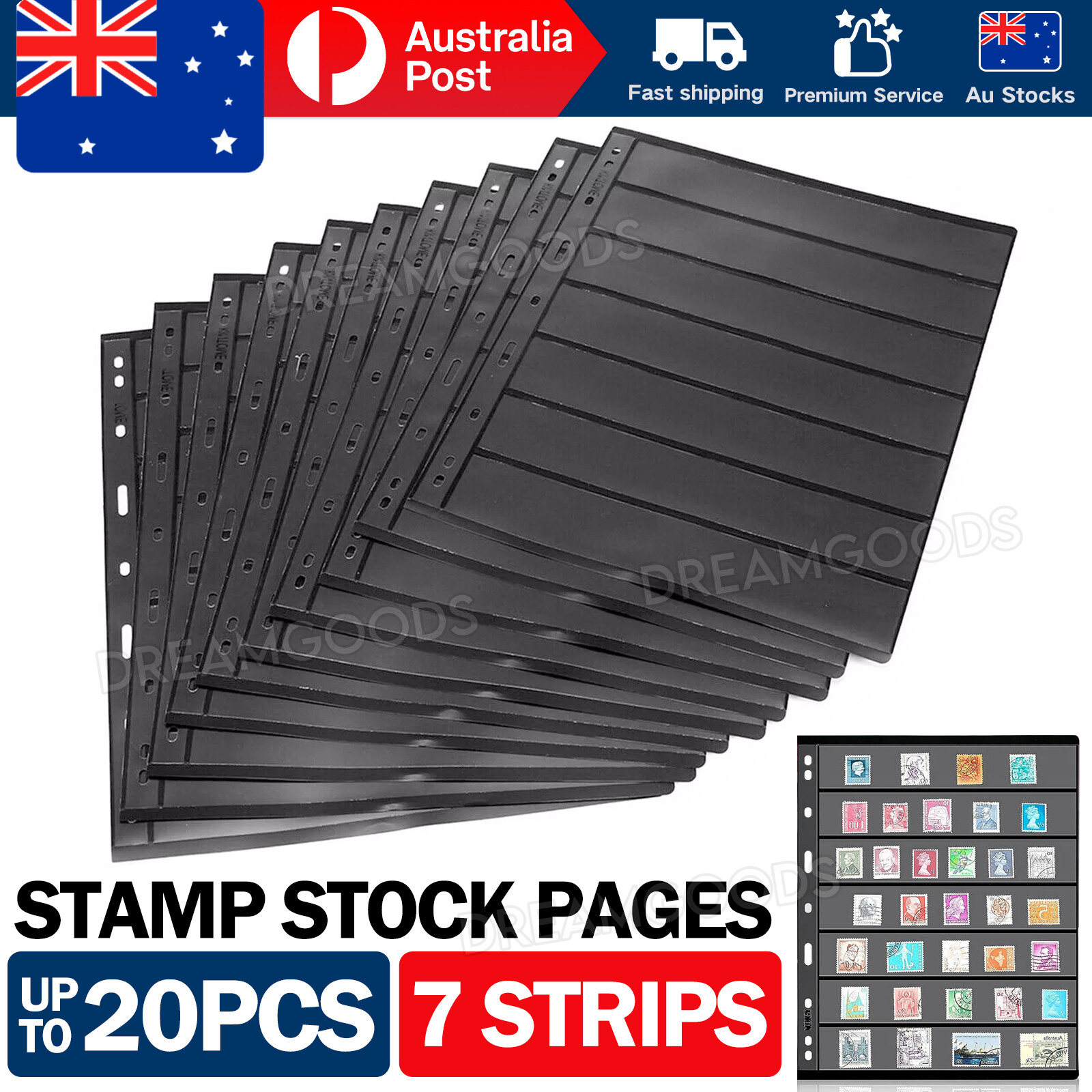 Stamp Stock Pages PVC Black Double Sided 21.6x28CM 7 Strips 9 Binder Holes 10PCS