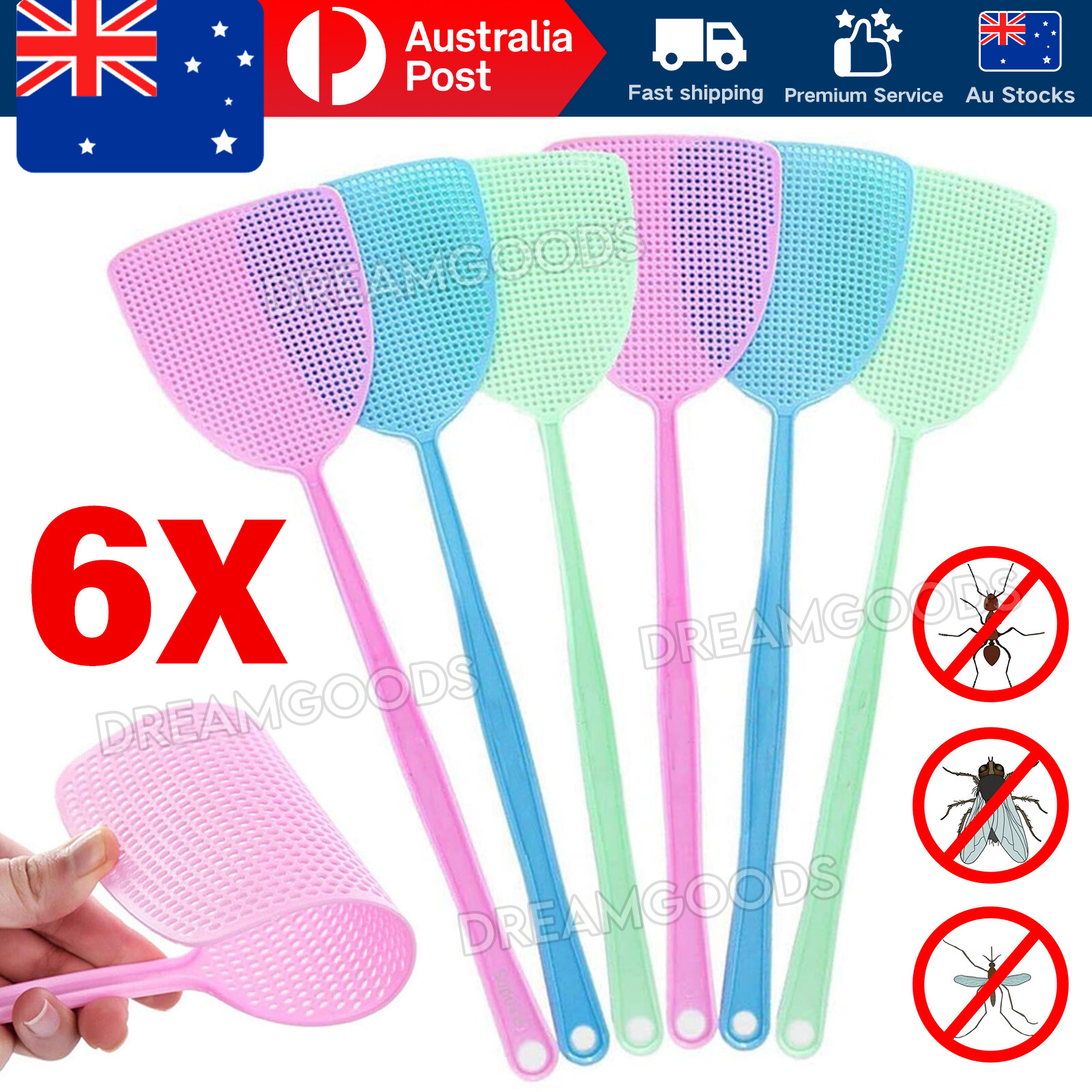 6Pcs Plastic Fly Swatter 44.5cm 12cm Indoor & Outdoor Green Pink Blue Long Hand