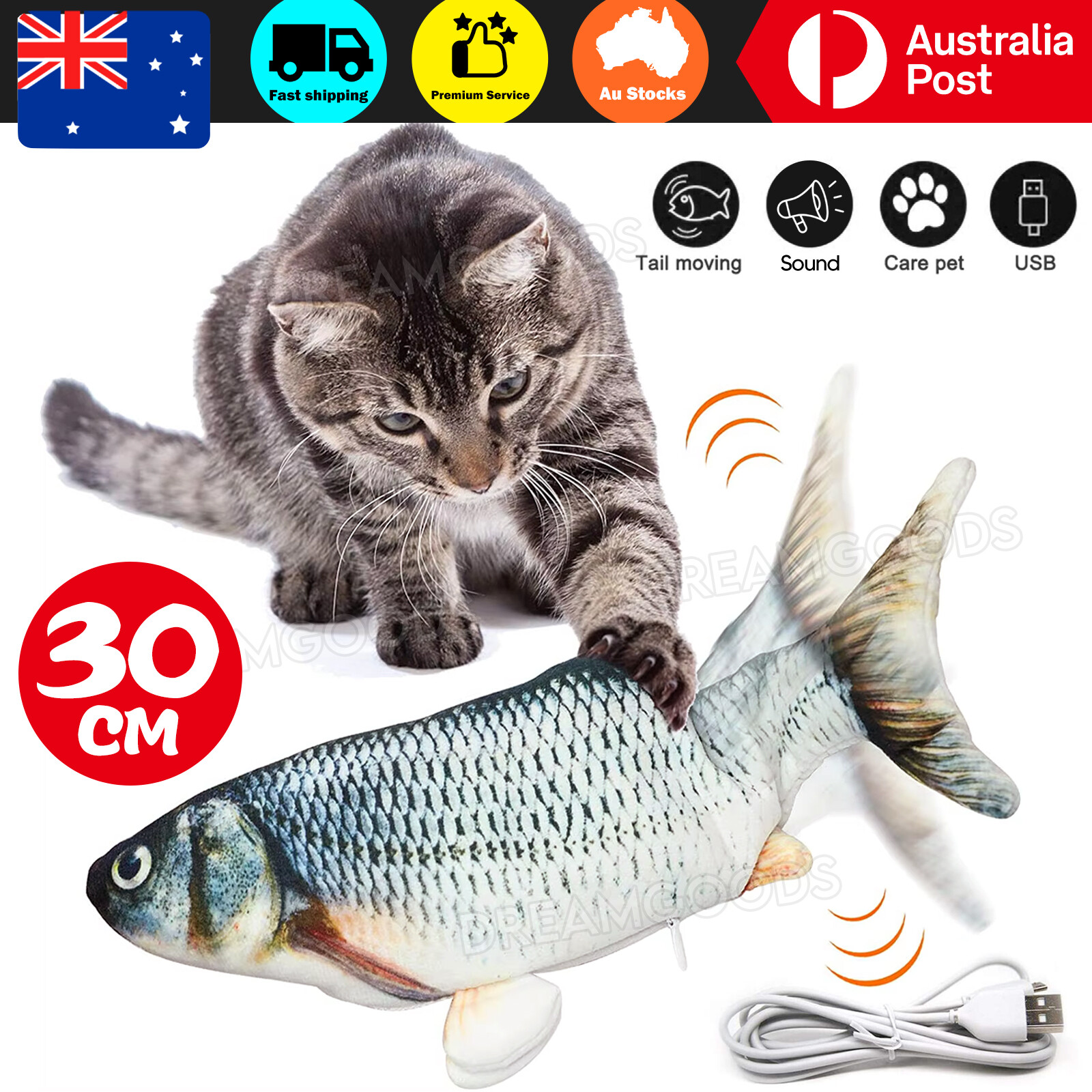 Electric USB Rechargeable Dancing Fish Kicker Cat Toy 30 cm Grass Carp Plush
