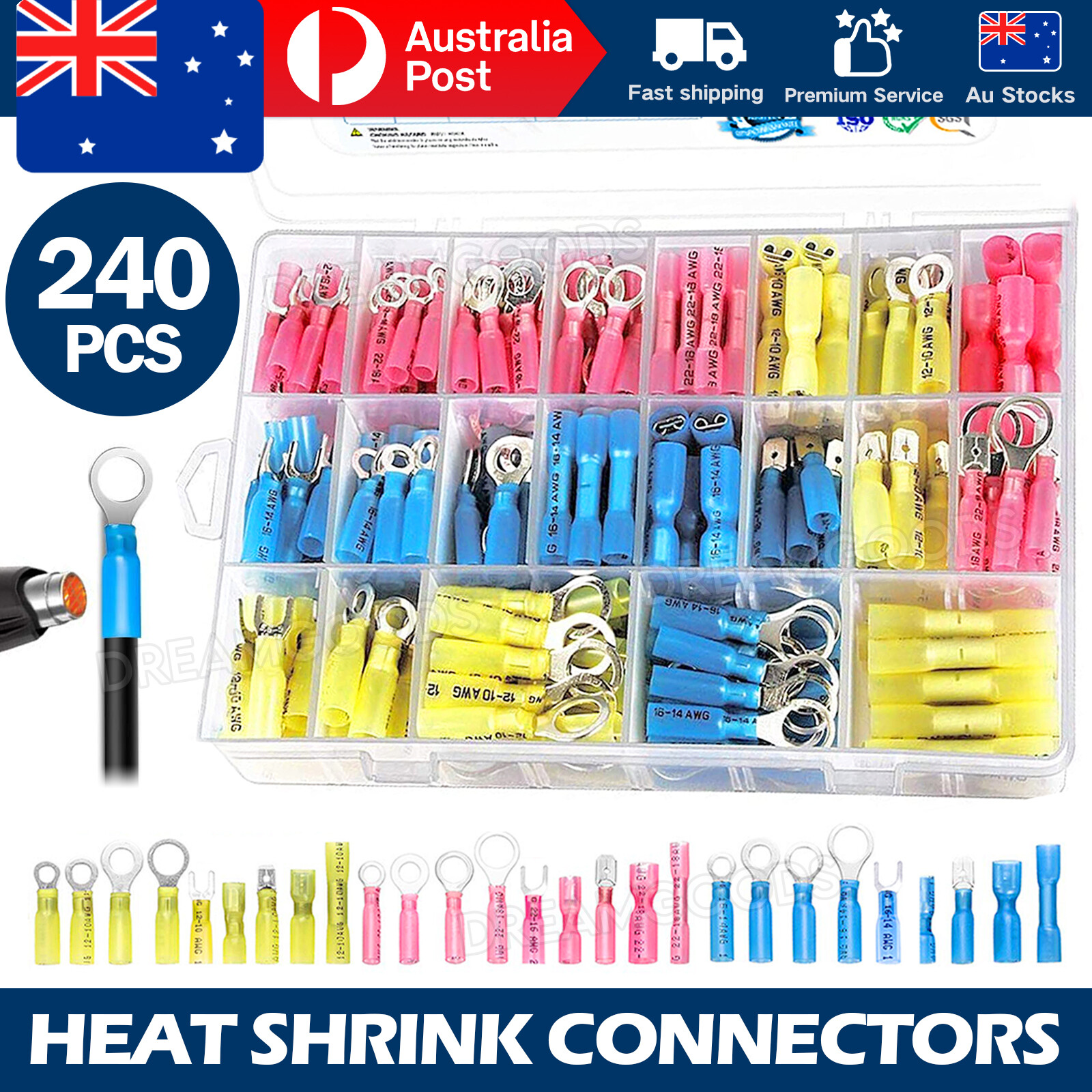 240PCS Heat Shrink Wire Connectors Crimp Marine Automotive Kit Red Blue Yellow