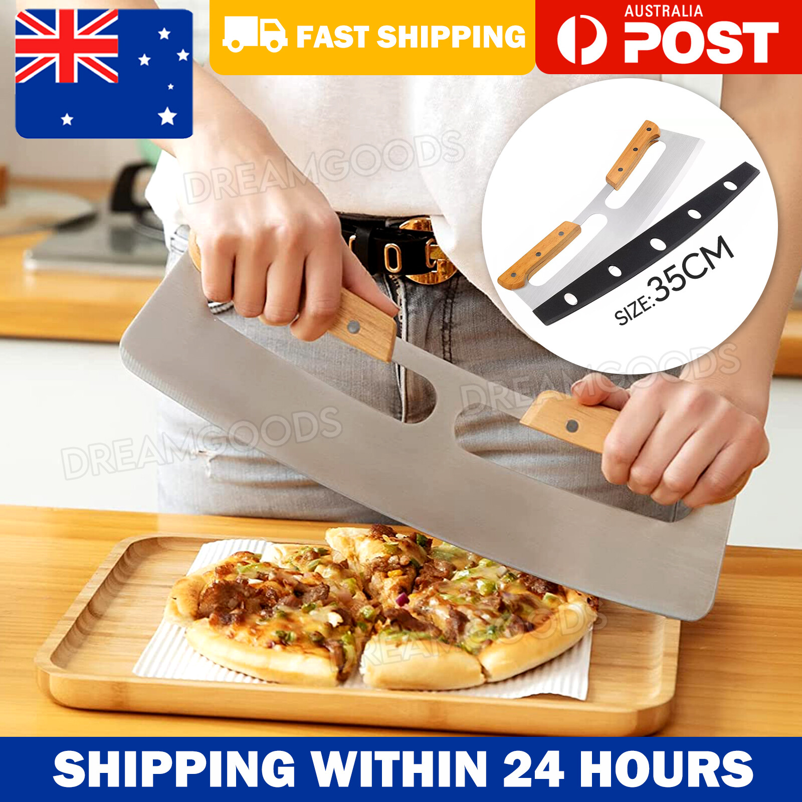 Pizza Rocker Cutter Stainless Steel Blade 35CM Wooden Handles Protective Cover