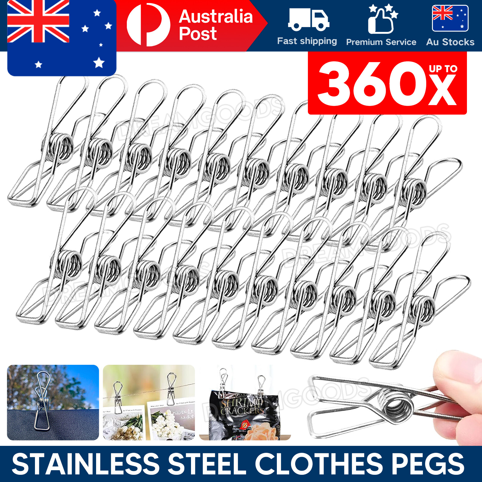 Stainless Steel Clothes Pegs 60PCS Silver Windproof Hanging Clip Pins Laundry
