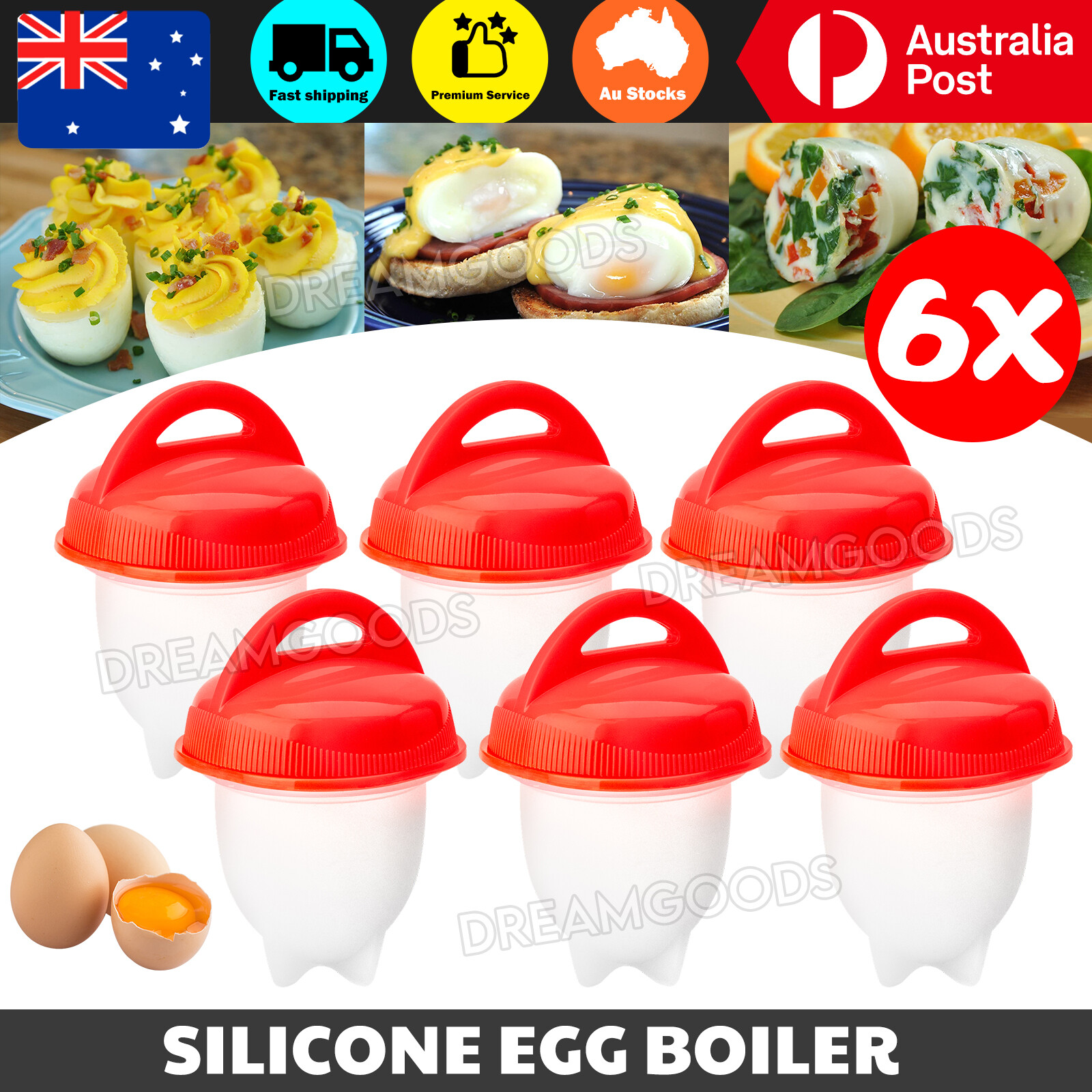 6PCS Silicone Egg Cooker Set Egg Boiler Poacher Steamer Nonstick Cups White Red