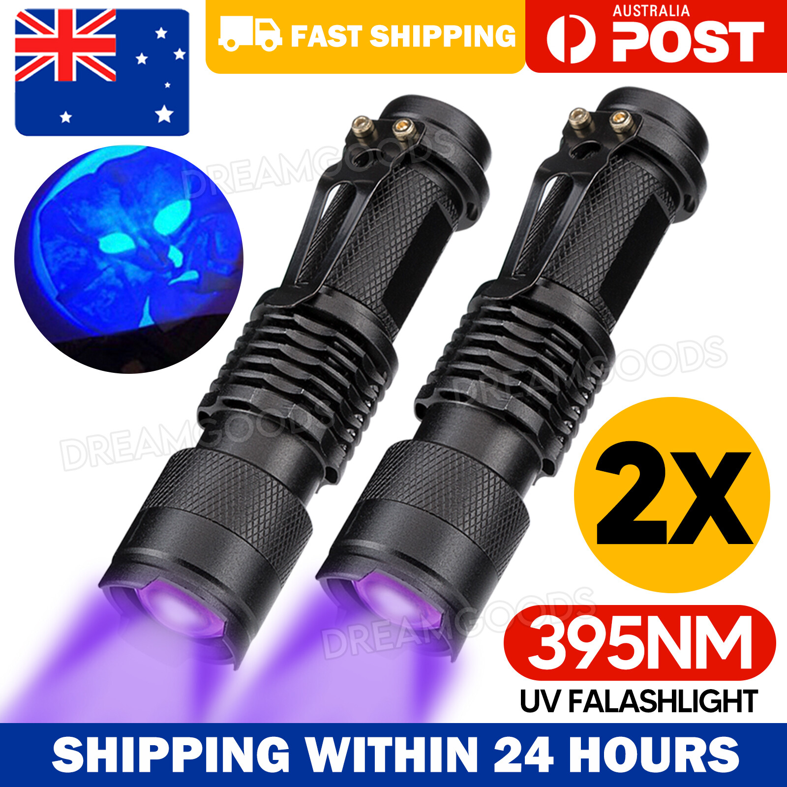 2X UV LED Flashlight Blacklight 395 nM Inspection Lamp Aluminium 97mm Torch AA