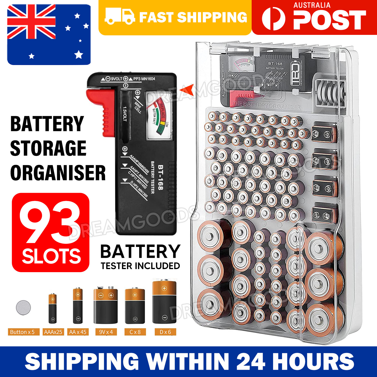 Battery Storage Organiser 93 Slot Holder Digital LCD Tester AA AAA C D ABS White