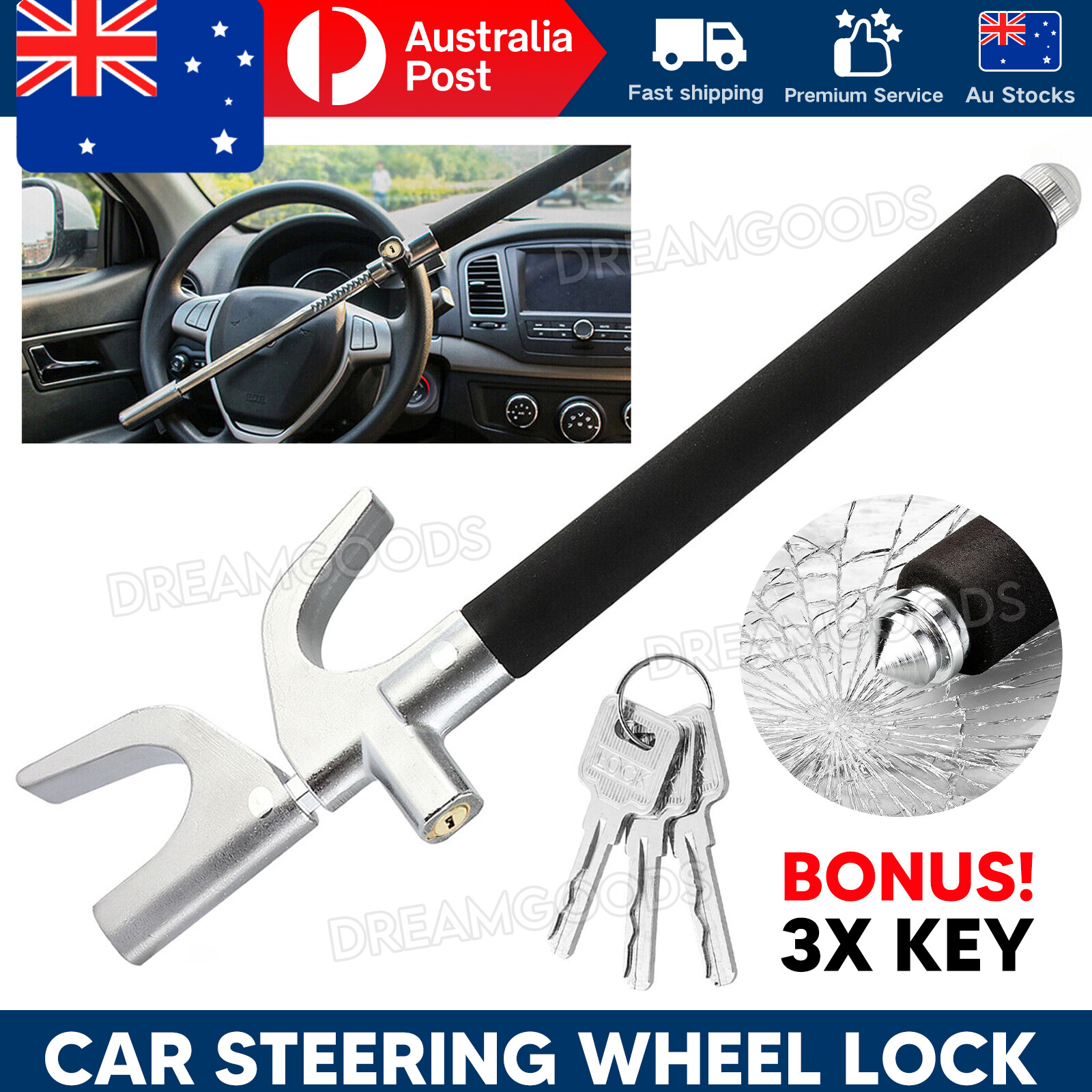 Universal Car Steering Wheel Lock Anti-Theft Heavy Duty Steel Security 3 Keys