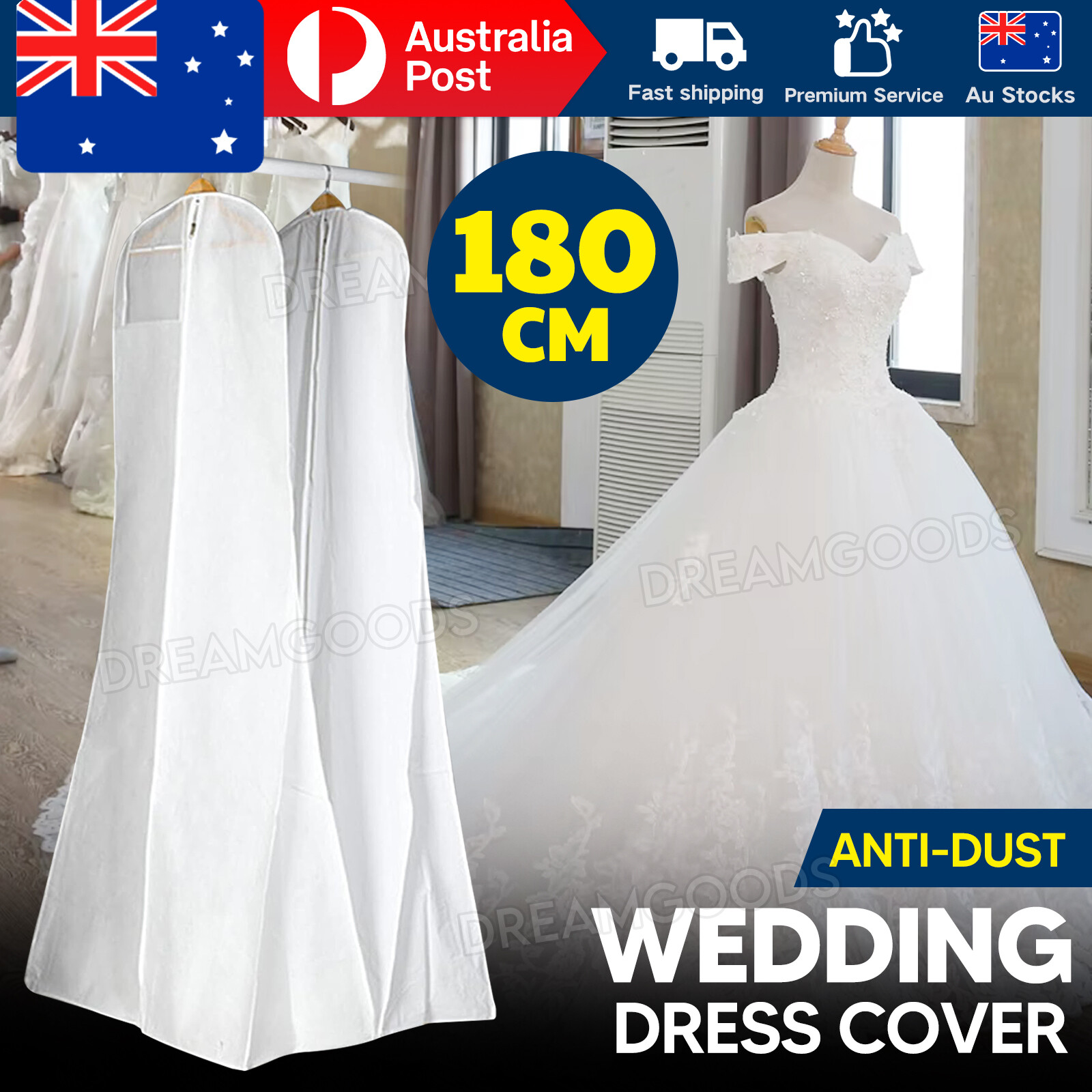 Wedding Dress Garment Bag Bridal Gown Cover 180cm x 70cm x 25cm White Breathable