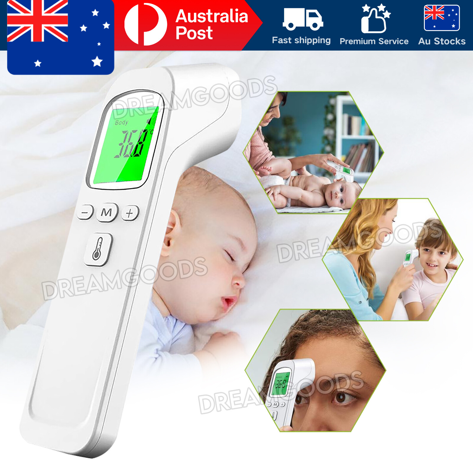 Digital IR Thermometer Forehead Ear Non-contact Infrared LCD 1-second White AU
