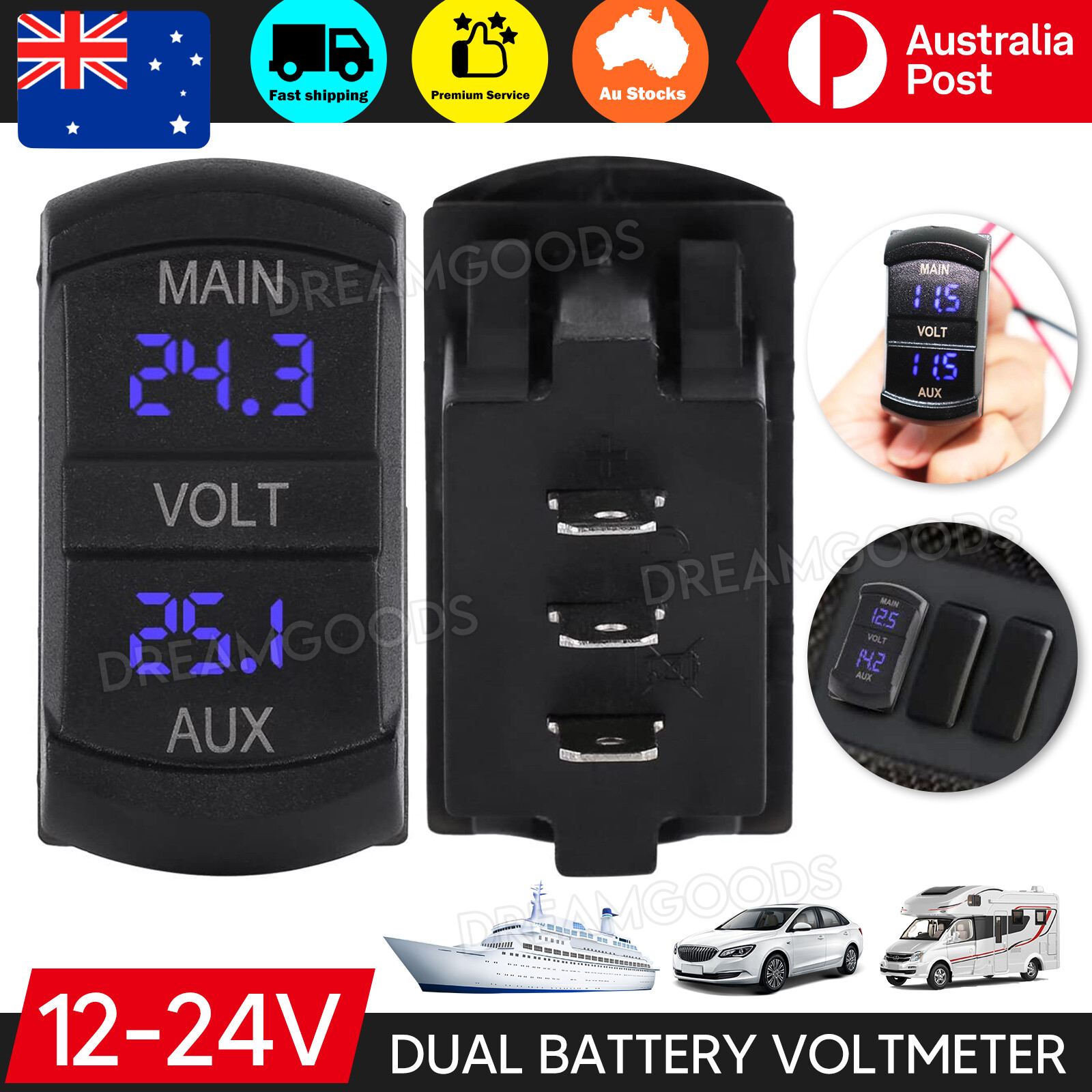 Dual Battery Voltmeter Blue LED Digital DC 12V-24V Car Motorcycle Boat ATV RV
