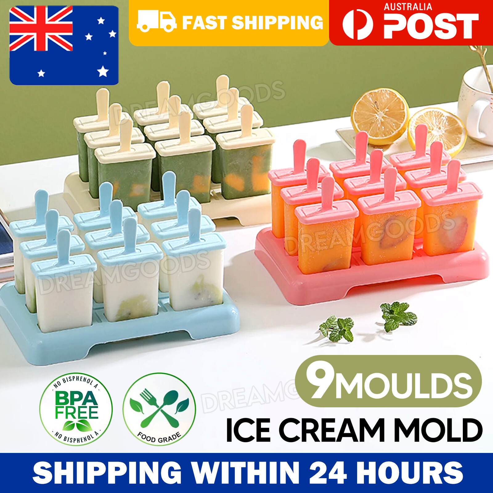 9 Cells Popsicle Mould Tray Ice Cream Maker Manual PP Blue BPA Free Easy Clean