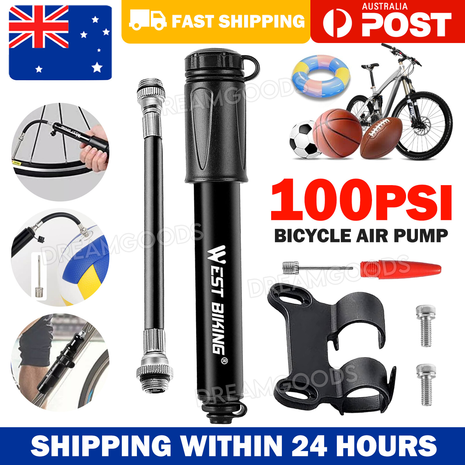 Aluminium Mini Bicycle Air Pump 100PSI Presta Schrader Black Flexible Hose 80g