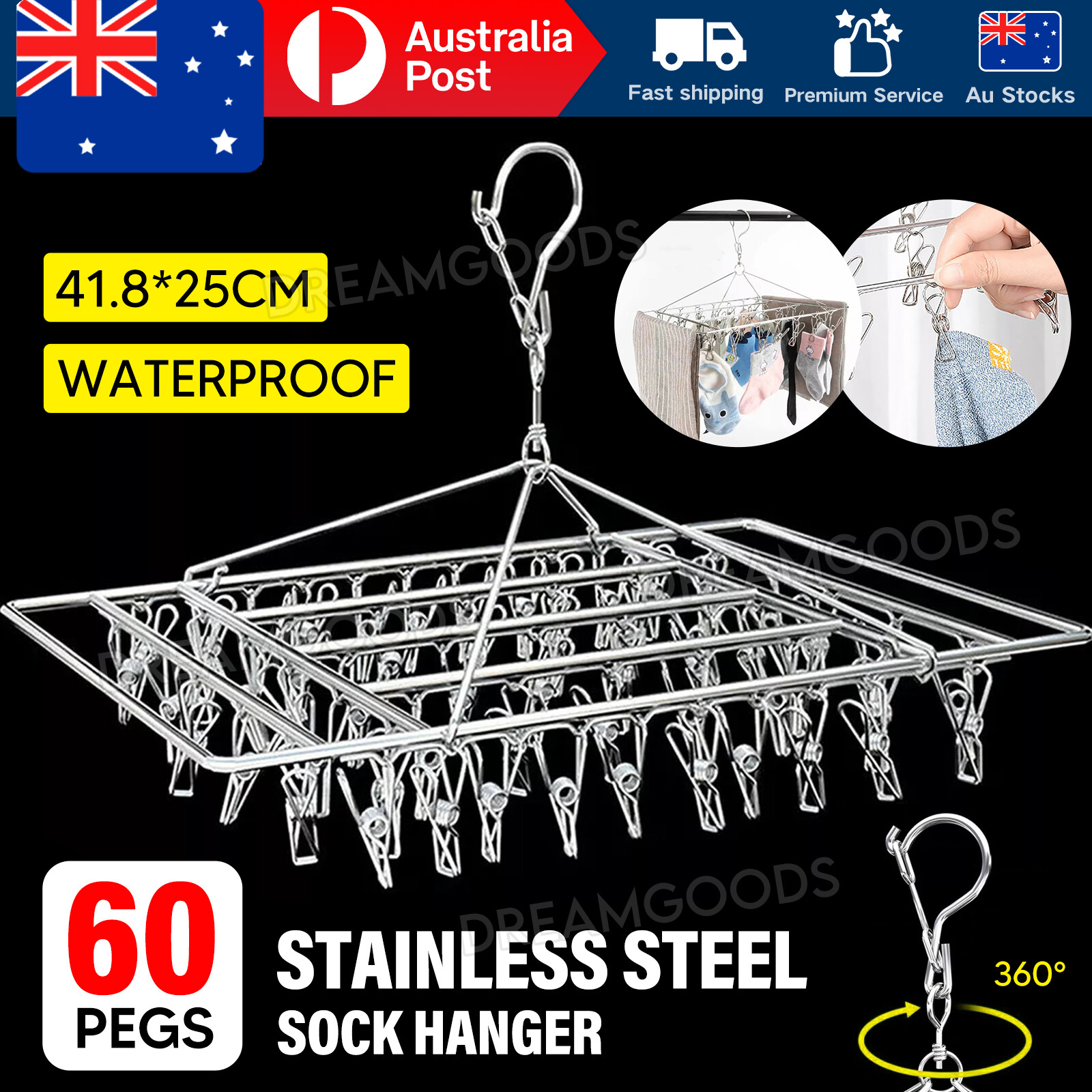 60 Pegs Stainless Steel Laundry Hanger Sock Underwear Clips Silver 41.8cm 25cm