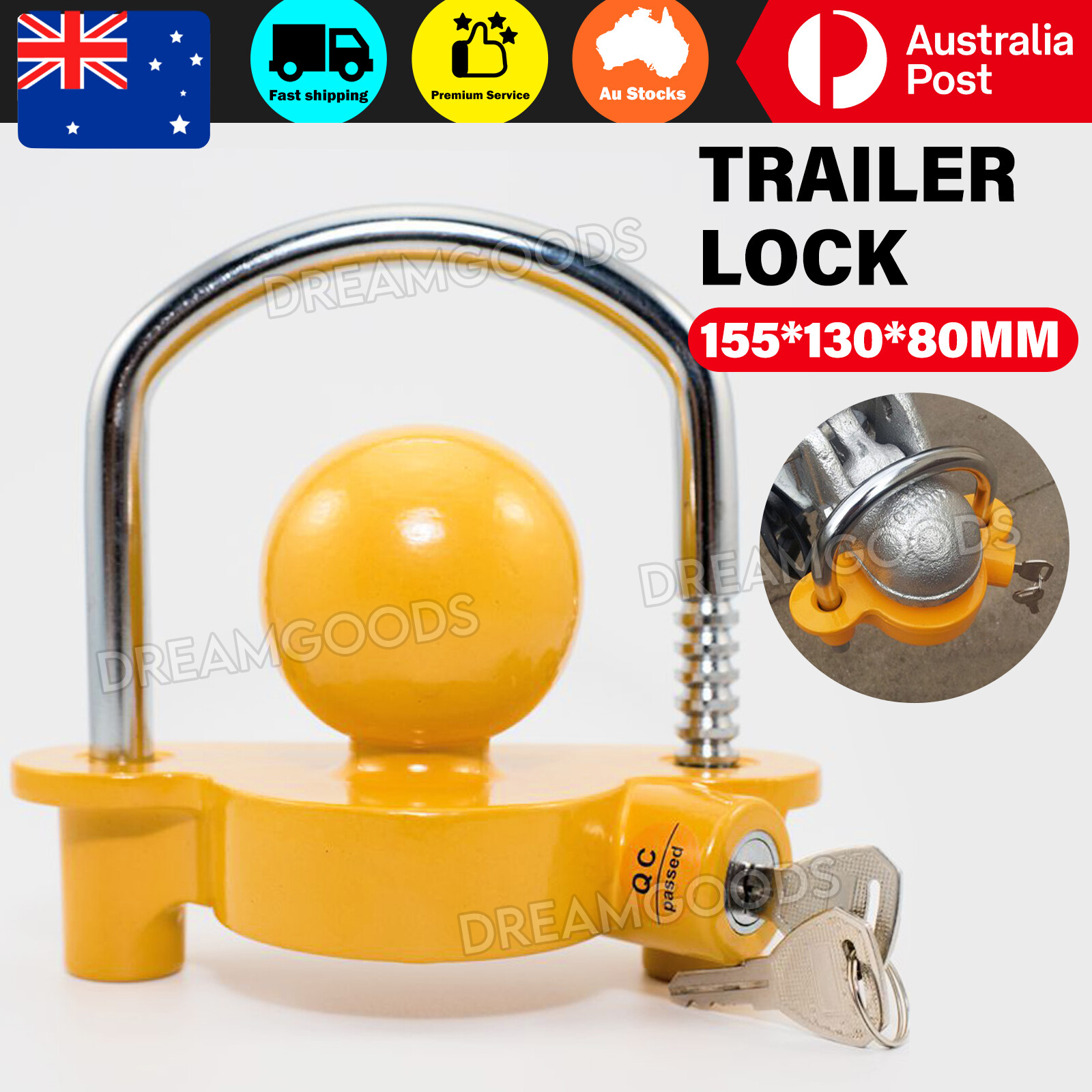 Trailer Coupling Hitch Lock Universal Tow Ball Caravan Antitheft Yellow 2 Keys