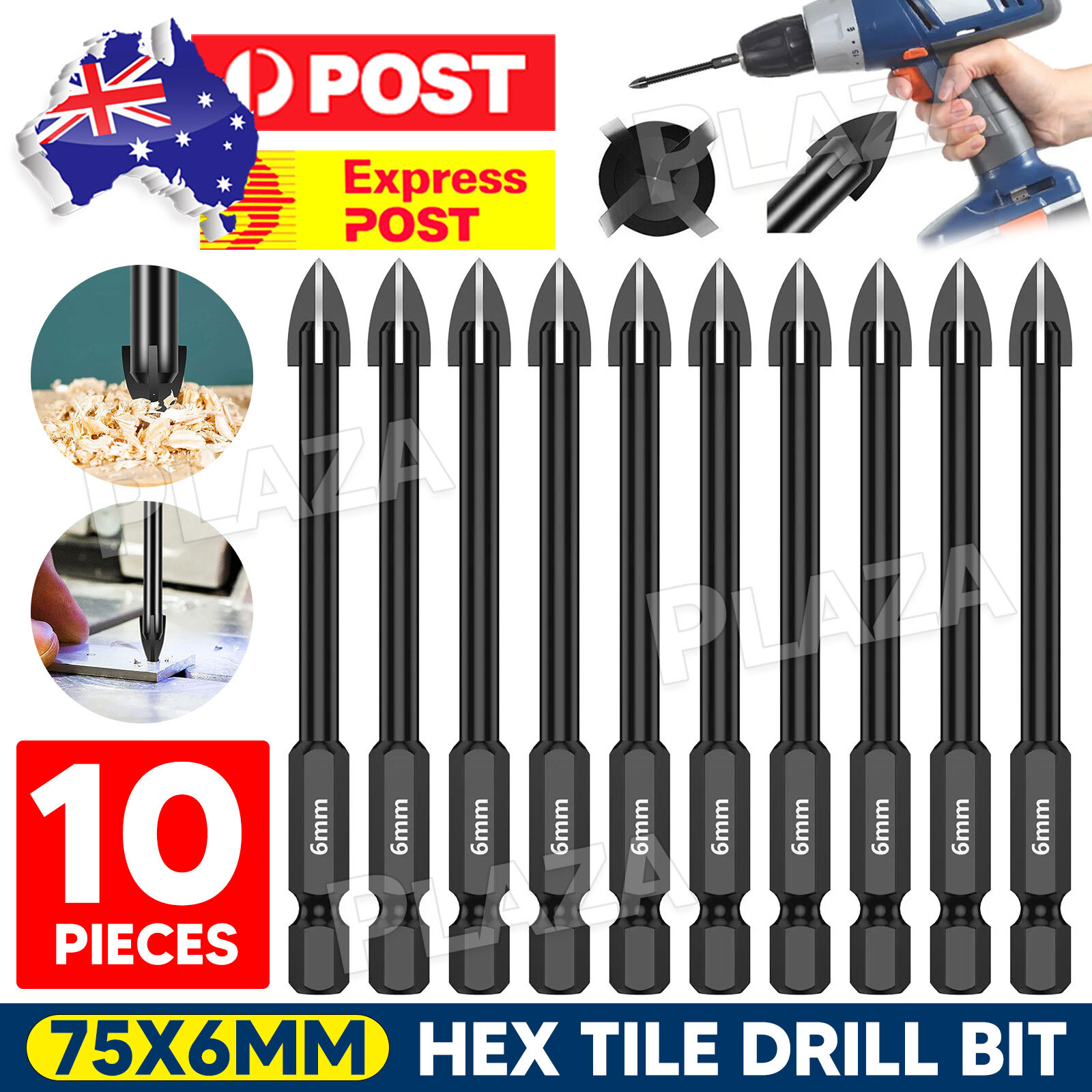 10pcs 6mm Hex Shank Tile Drill Bit Porcelain Ceramic Glass Marble 75mm Black