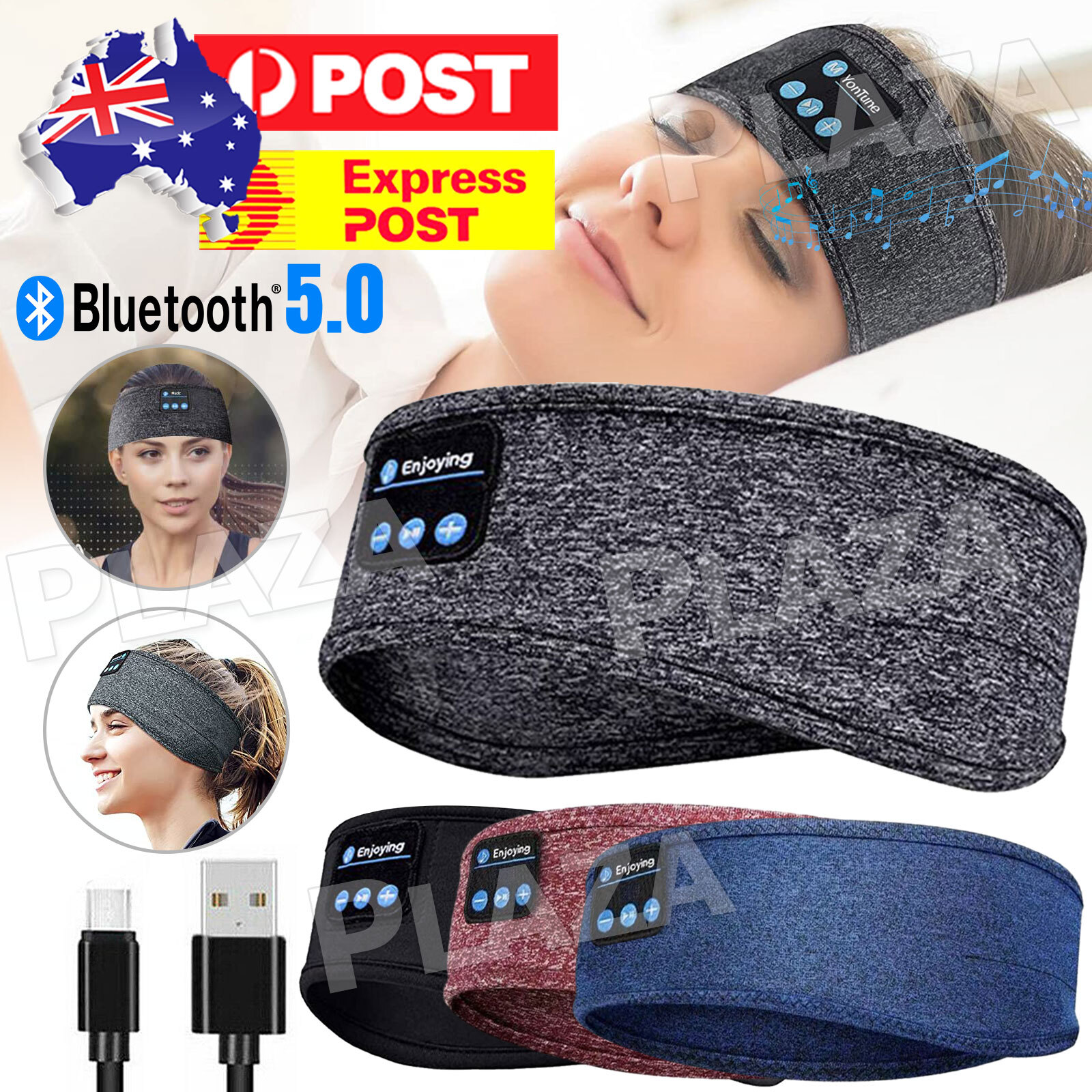 Wireless Bluetooth 5.0 Sleep Headband Stereo Headphones Built-In Black 10 hours