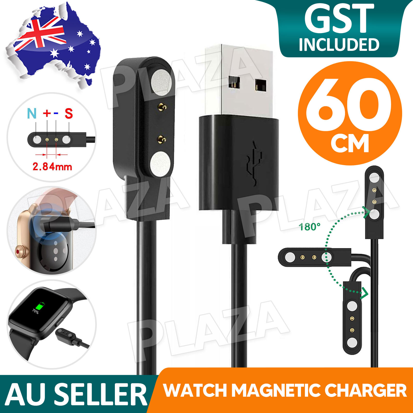 2-Pin Universal USB Magnetic Data Charging Cable For Smart Watch Black 60cm