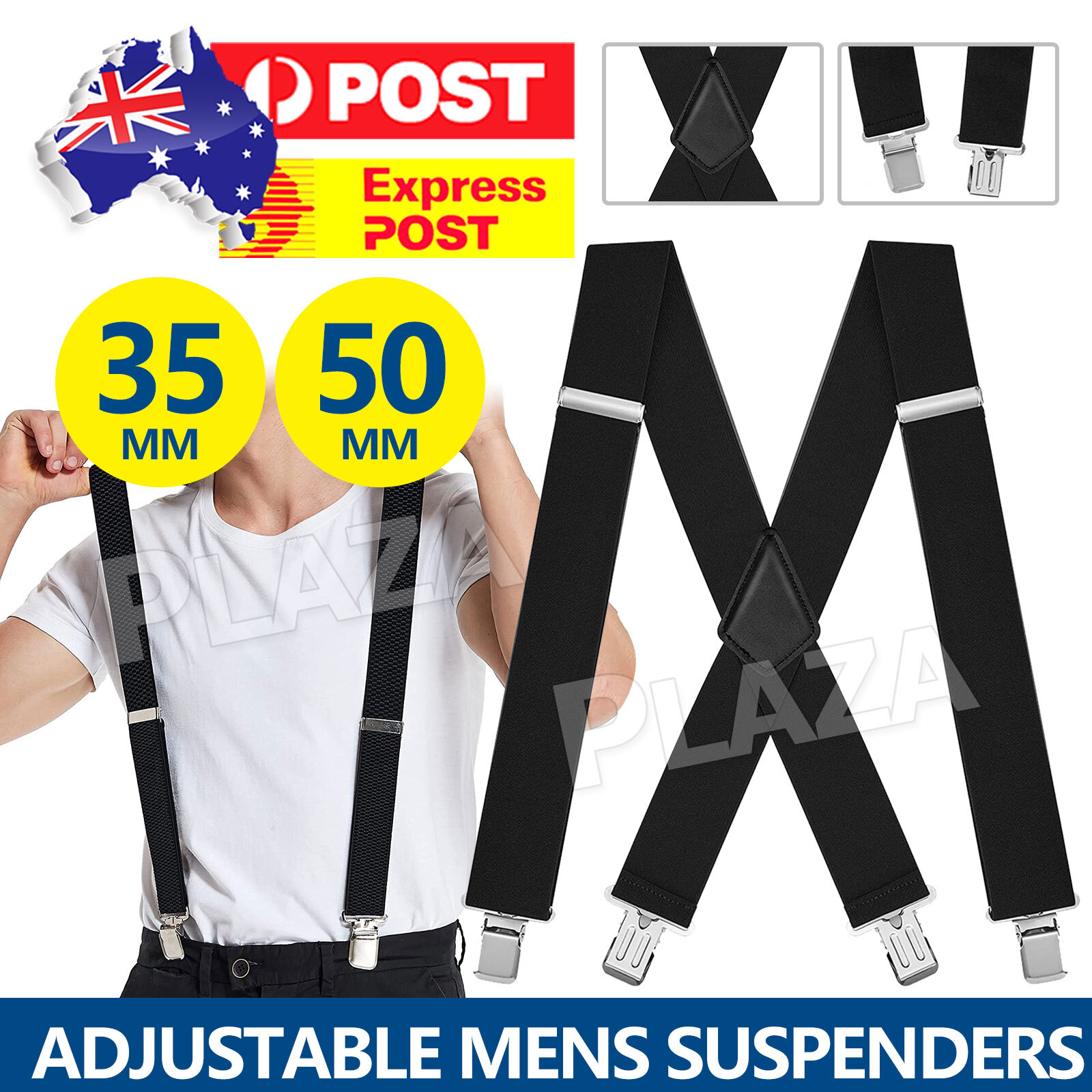 Mens Suspenders Adjustable Clip-On X-Back Braces 35mm 50mm Black Metal Clips