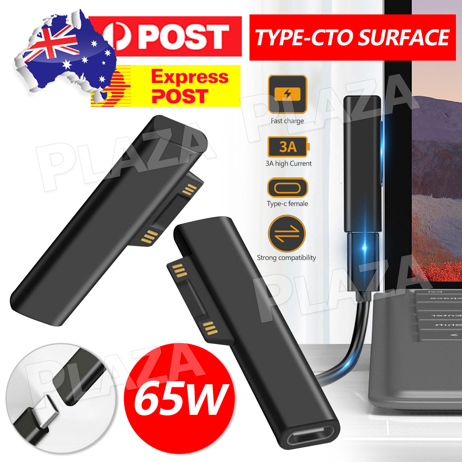 Surface Connect to USB Type-C PD 65W Fast Charging Adapter Black PVC Female Head