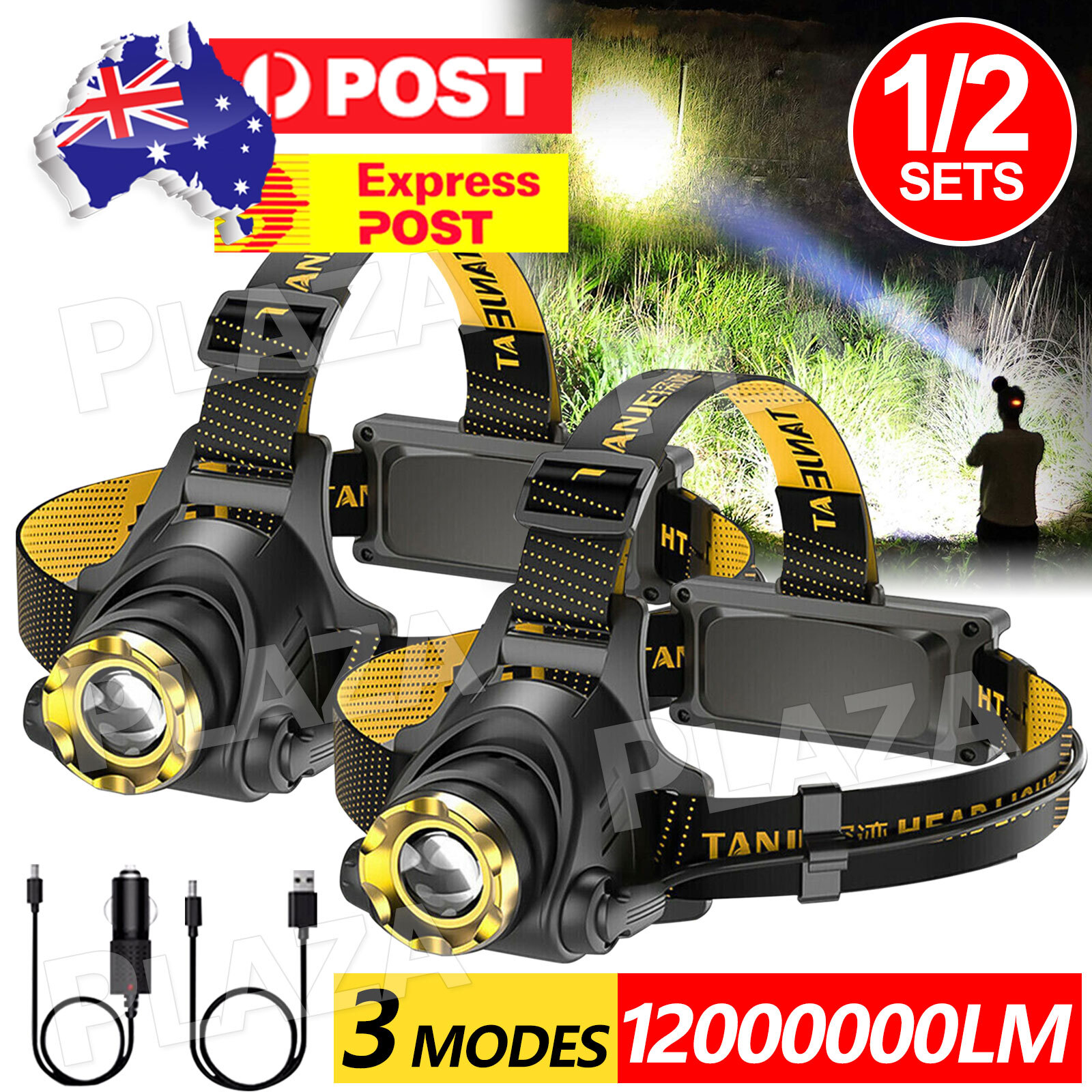 Q5 LED Head Torch USB Rechargeable Adjustable Focus Waterproof Black Yellow