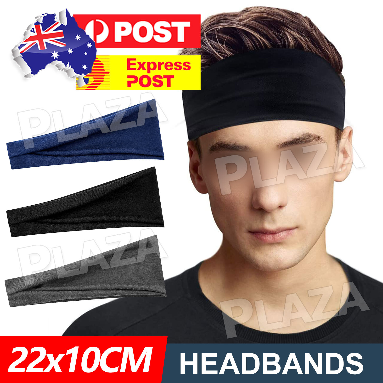 Elastic Sports Sweatband Headband Cotton Lycra Stretch Yoga Gym Black 22x10CM