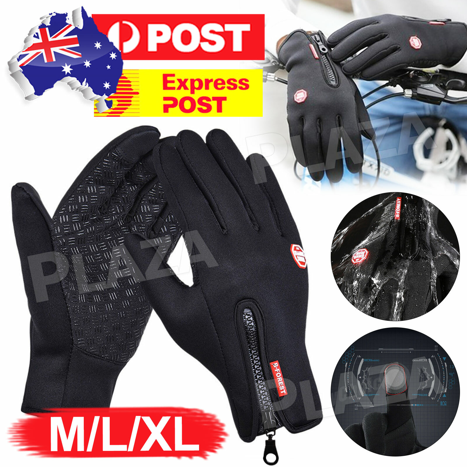 Winter Warm Windproof Waterproof Anti-Slip Touch Screen Gloves Black Nylon Men