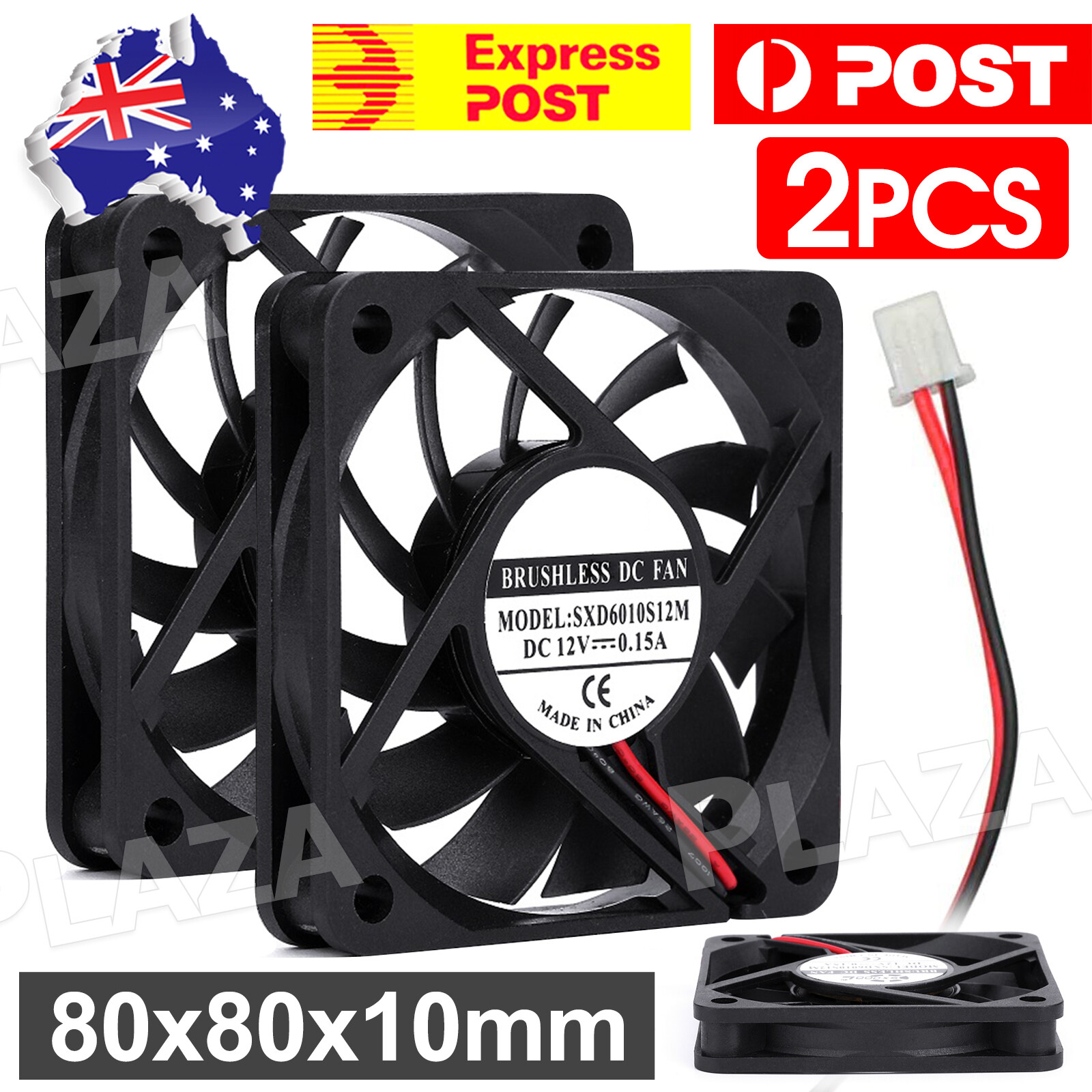 2X 80x80x10mm 12V Brushless Case Cooling Black 2-Pin 2800rpm 26dBA Universal