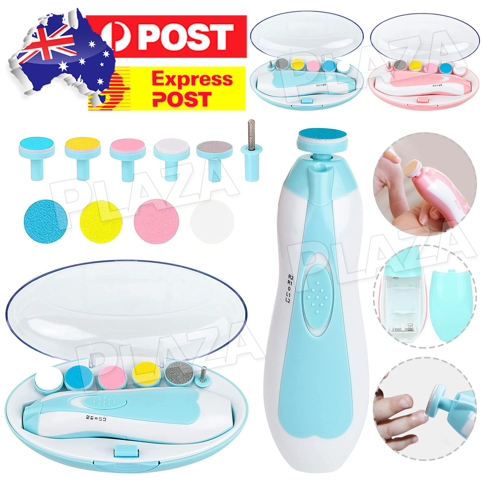 6in1 Electric Baby Nail Trimmer Newborn Grinder Blue LED Light Quiet Motor Set