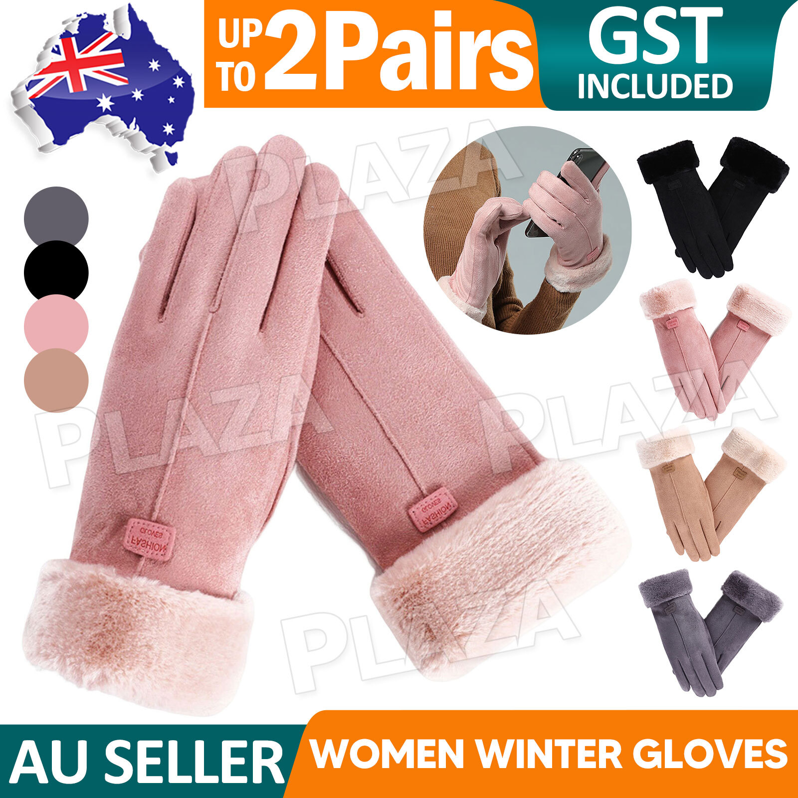 Women Winter Gloves Thermal Touch Screen Windproof Faux Suede Black 23.5CM Pair