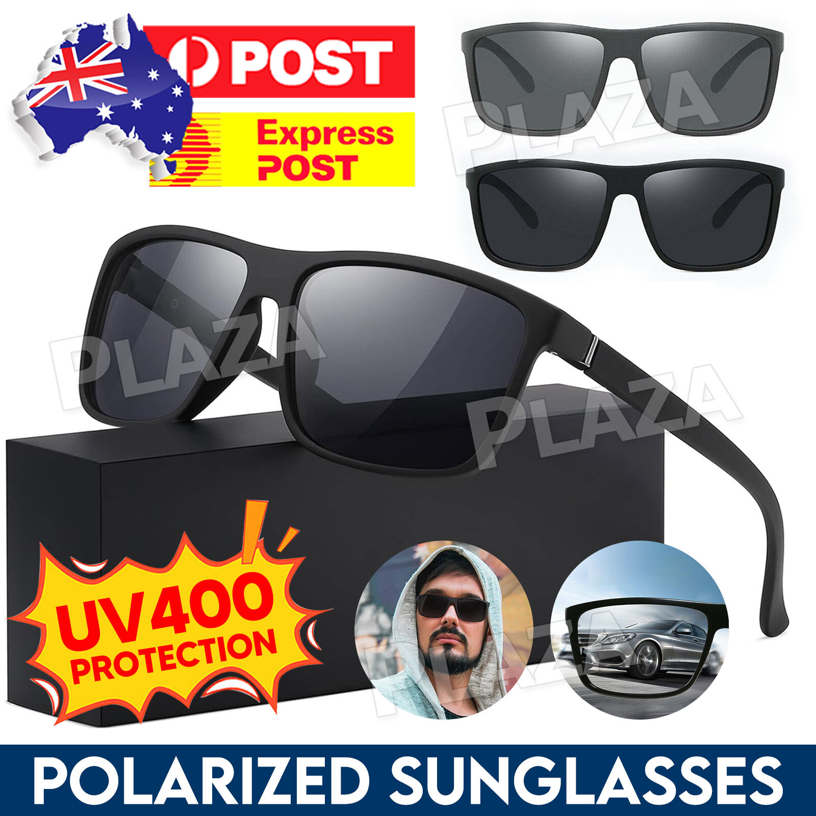 Polarized Mens Sunglasses Square Black Grey UV400 Impact Resistant Lightweight