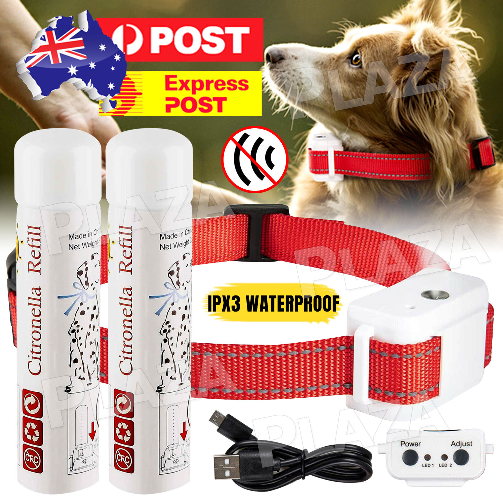 Anti Bark Dog Citronella Spray Collar Rechargeable Red No Barking 20-inch Humane