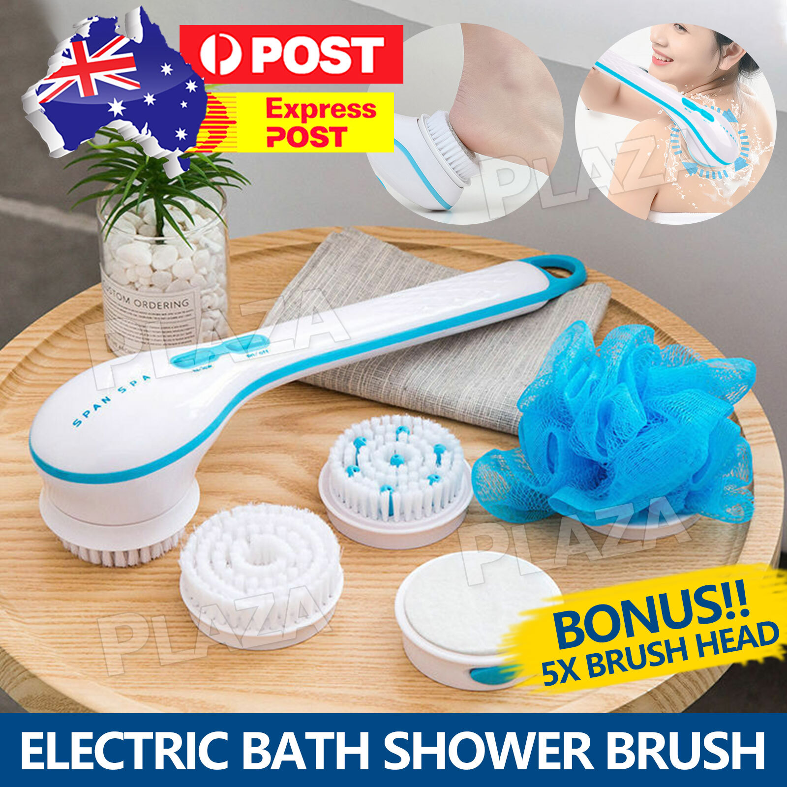 Electric Spinning Bath Shower Back Brush 5 Heads Blue Long Handle Exfoliating