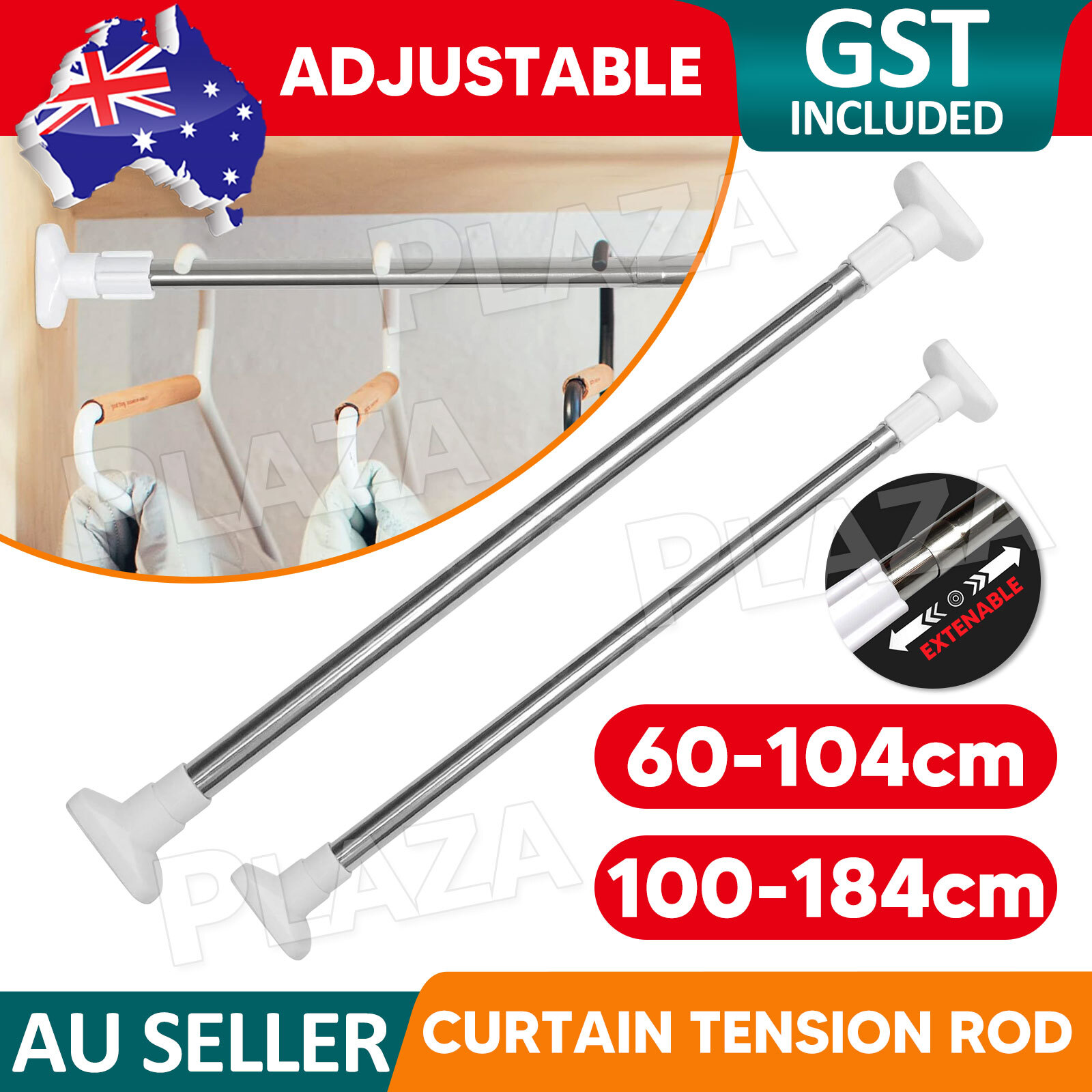 Adjustable 304 Stainless Steel Tension Curtain Rod Shower Closet 60-104CM Silver