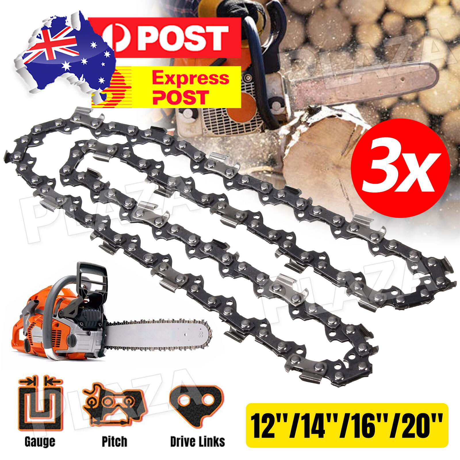 3PCS Chainsaw Chain Replacement Semi Chisel 3/8 .050 Gauge 45DL 52DL 56DL 76DL