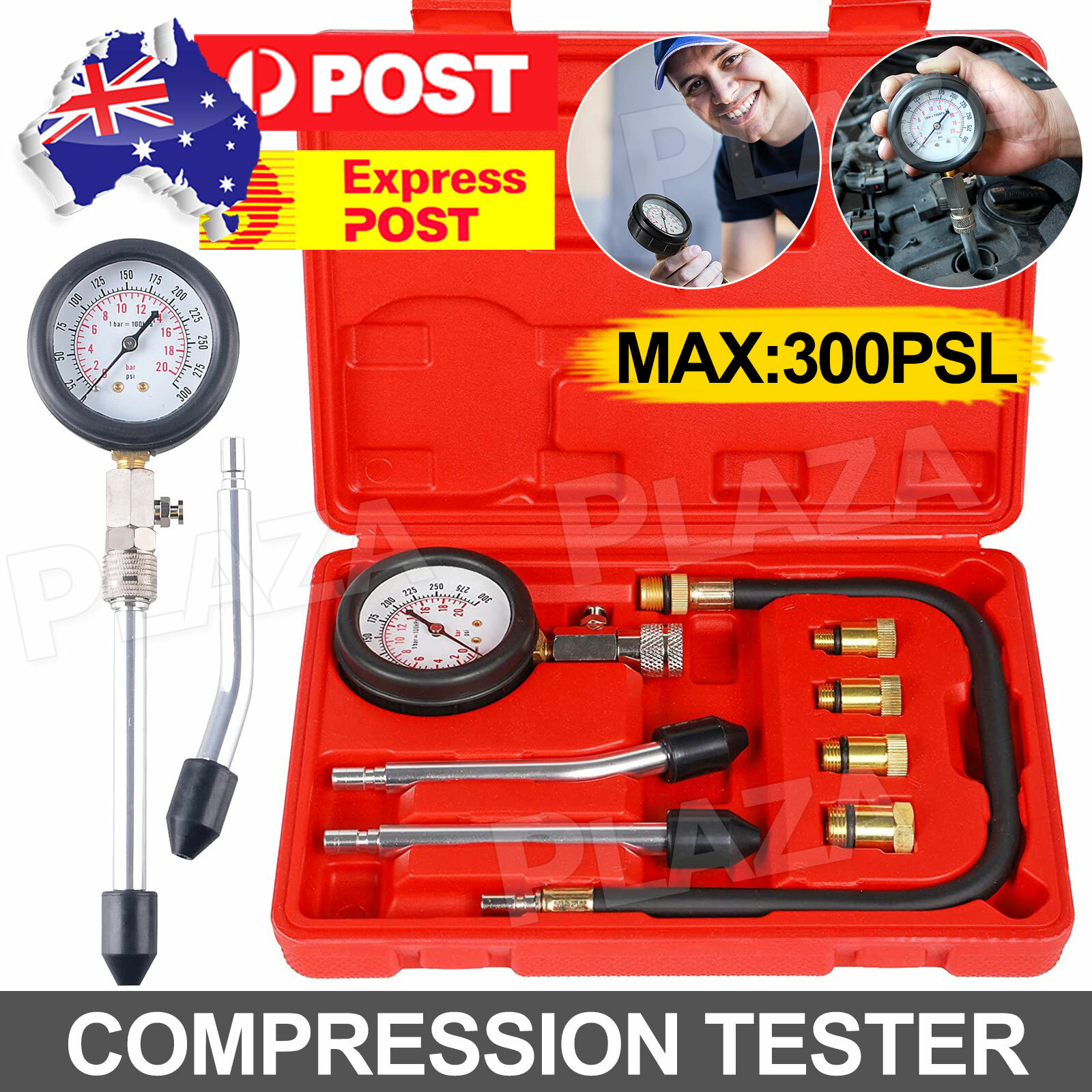 G326 Petrol Engine Cylinder Compression Tester Kit 0-300 psi Carry Case Red