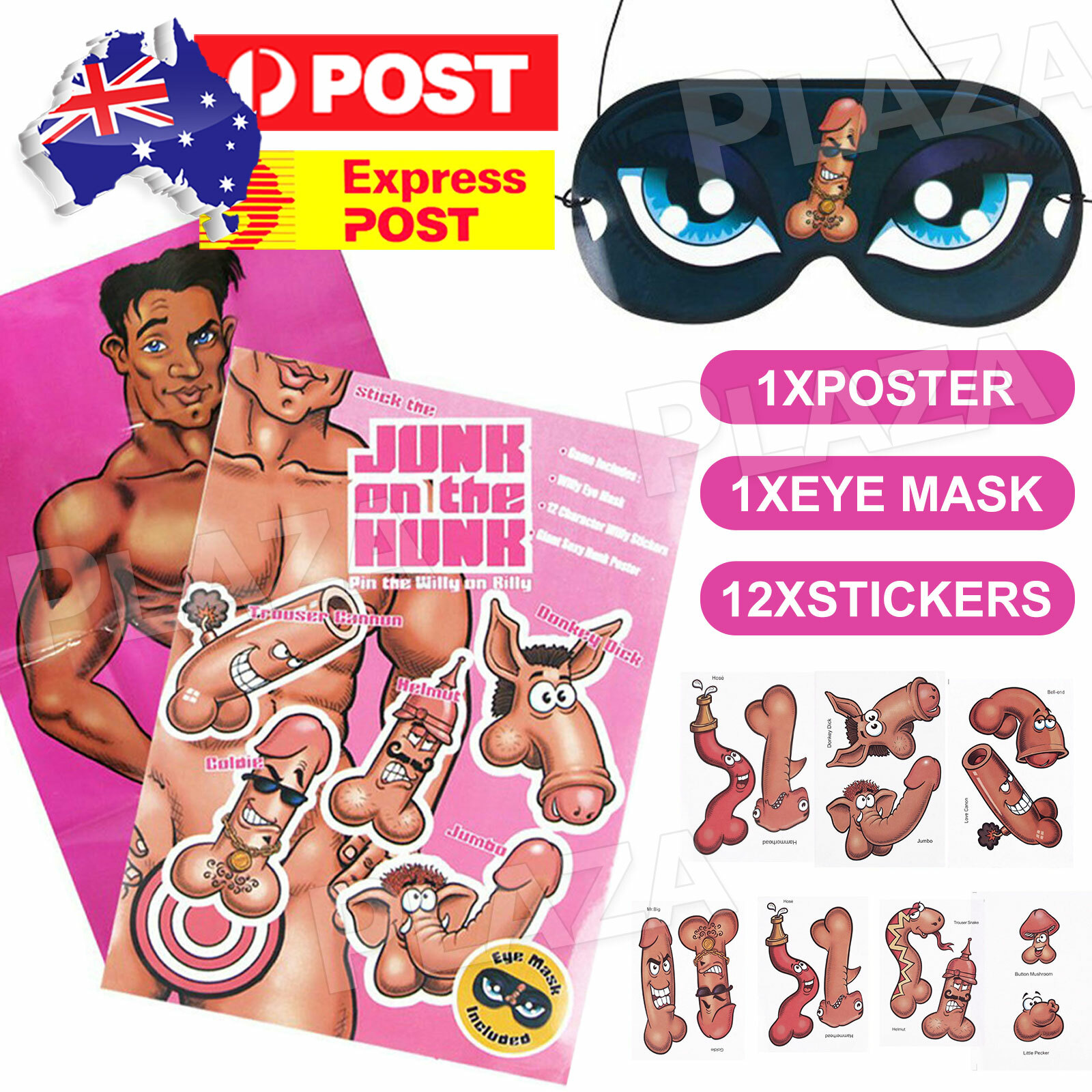 Hens Night Stick The Junk On The Hunk Party Game Pink Poster 80 54CM Blindfold