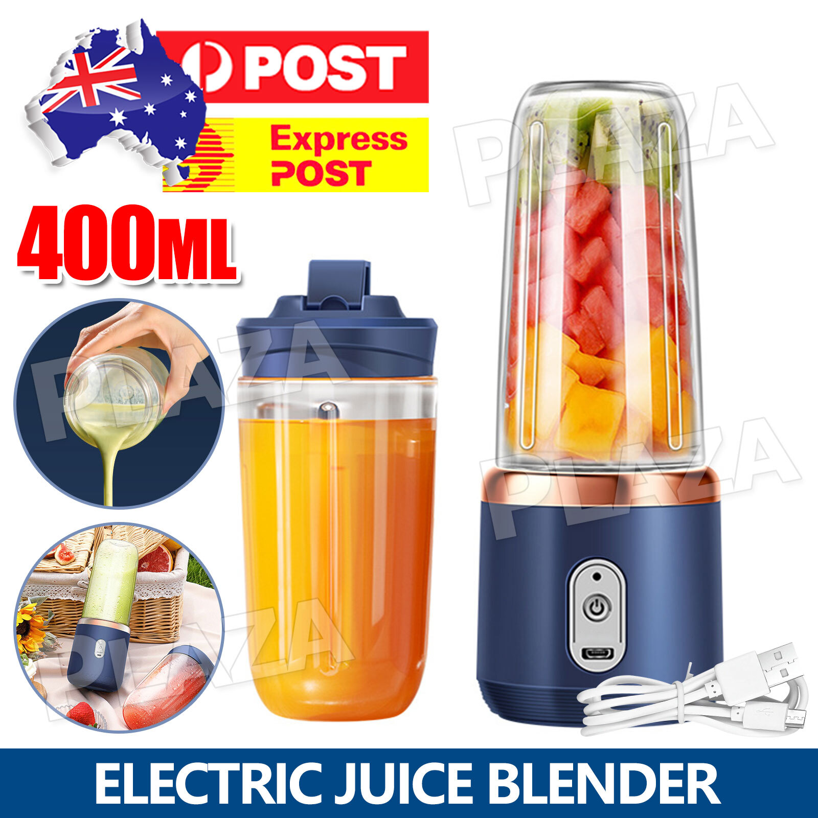 Portable USB Electric Fruit Juicer Blender Bottle 400ml Blue 40W Rechargeable